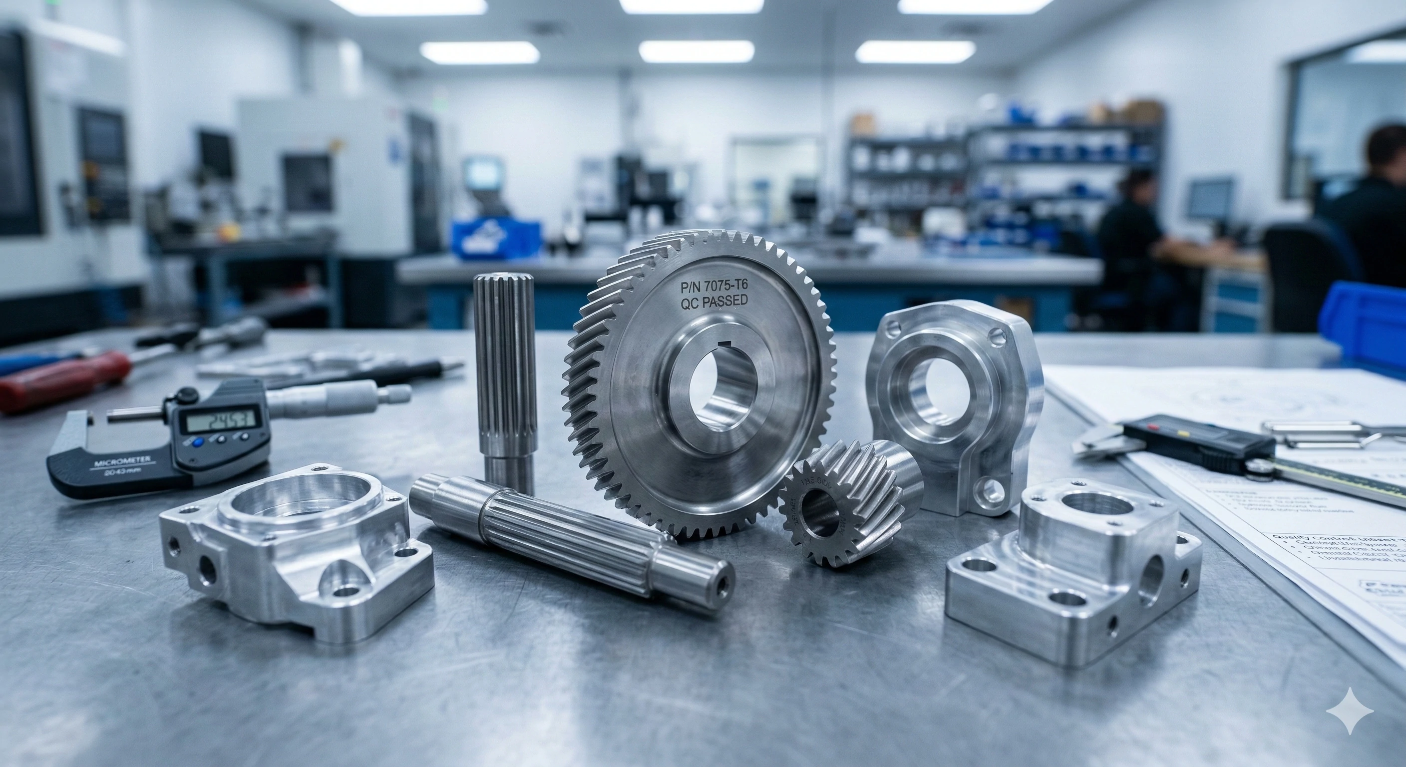 Precision CNC machined metal gears and parts for glass hardware on inspection table.