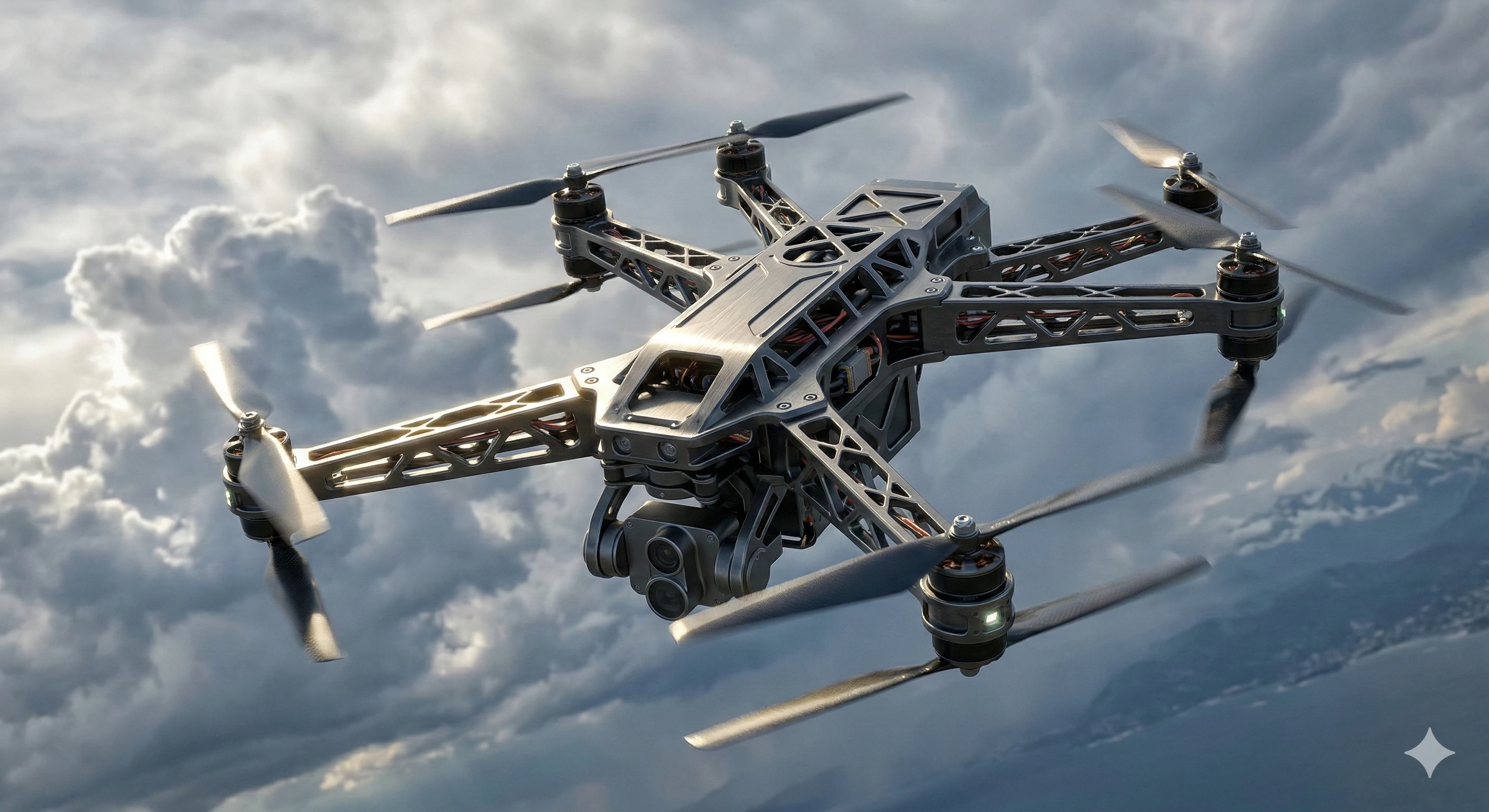 Advanced precision drone flying in the sky over water