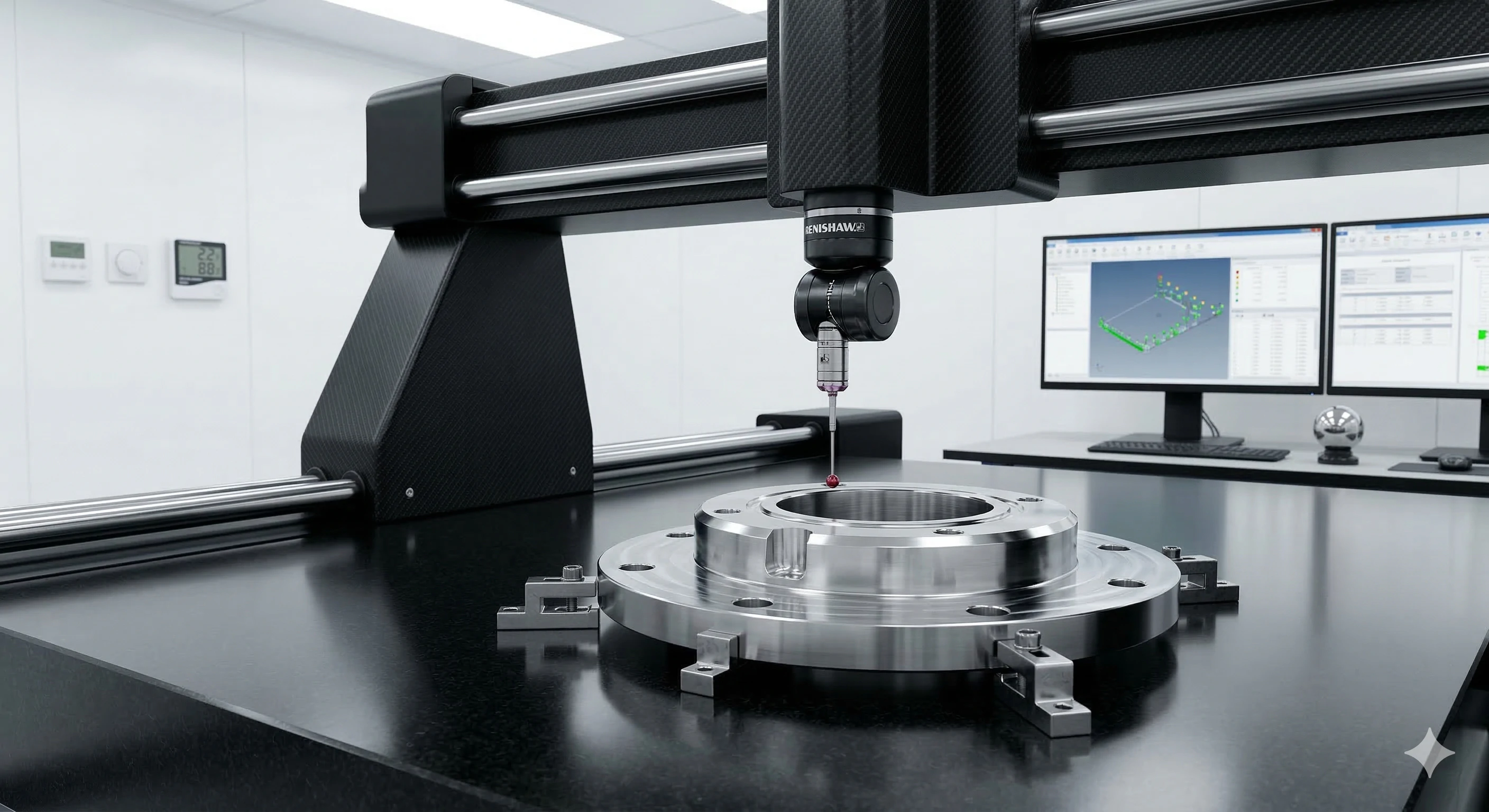 Machine à mesurer tridimensionnelle servant au contrôle de composants métalliques de précision destinés aux ferrures de garde-corps en verre