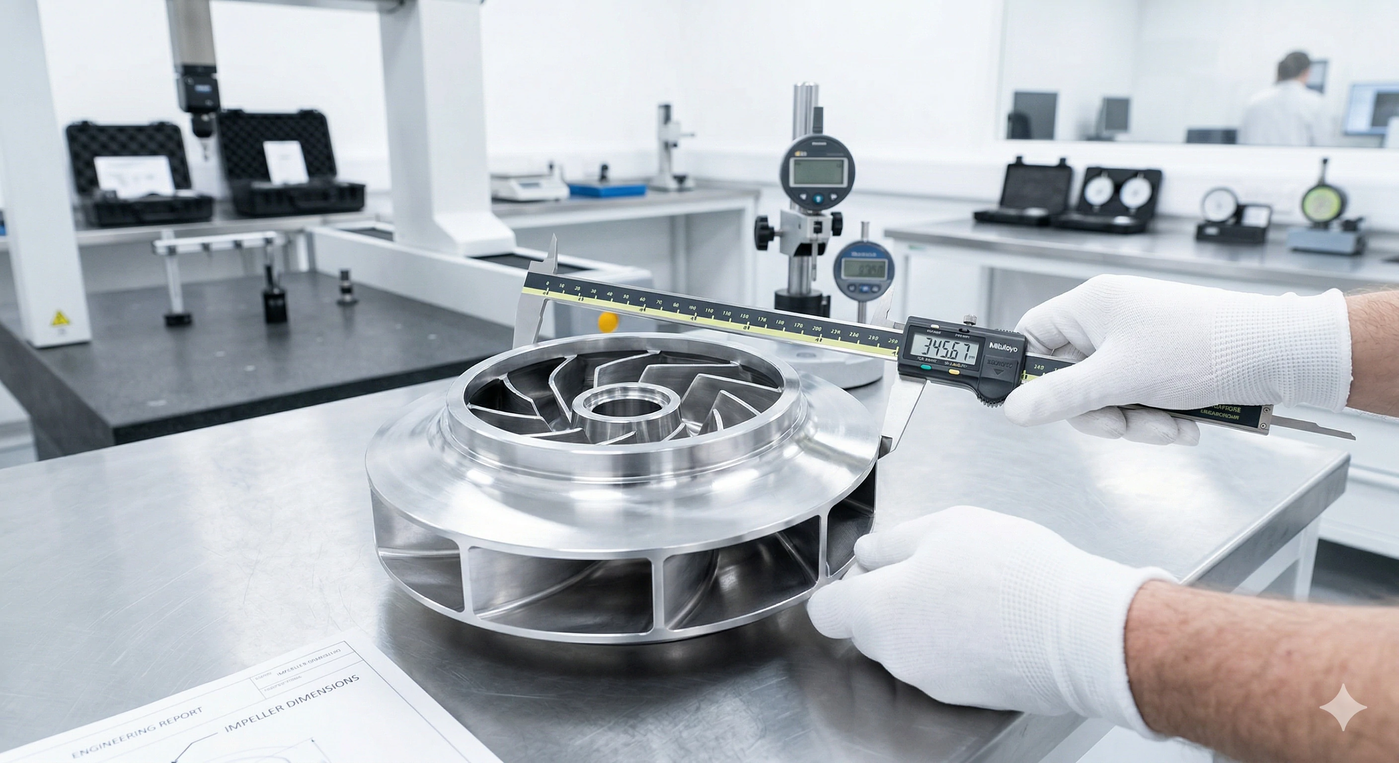 Engineer measuring a metal impeller with a digital caliper