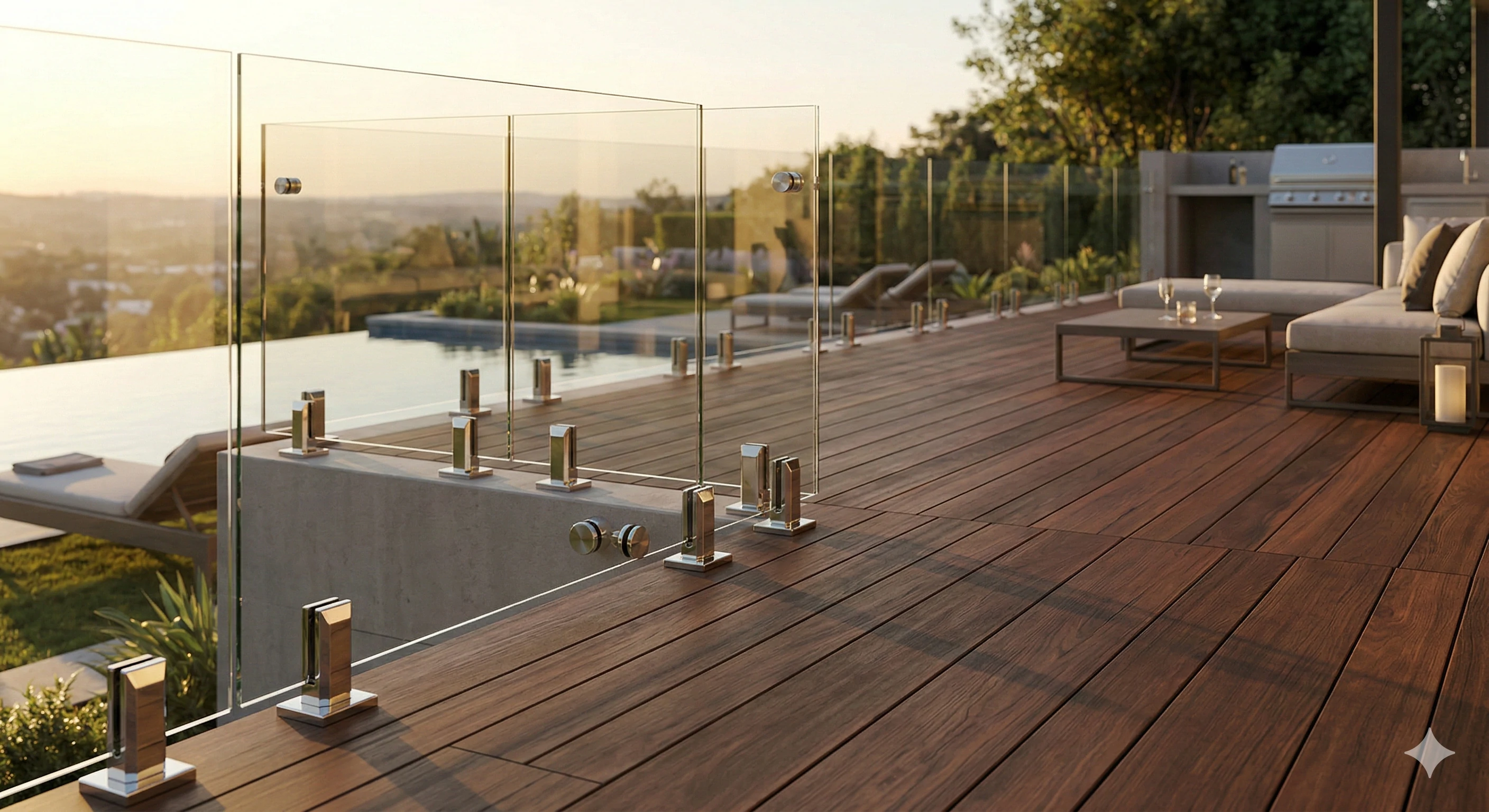 Frameless glass pool railing featuring premium stainless steel spigots at sunset