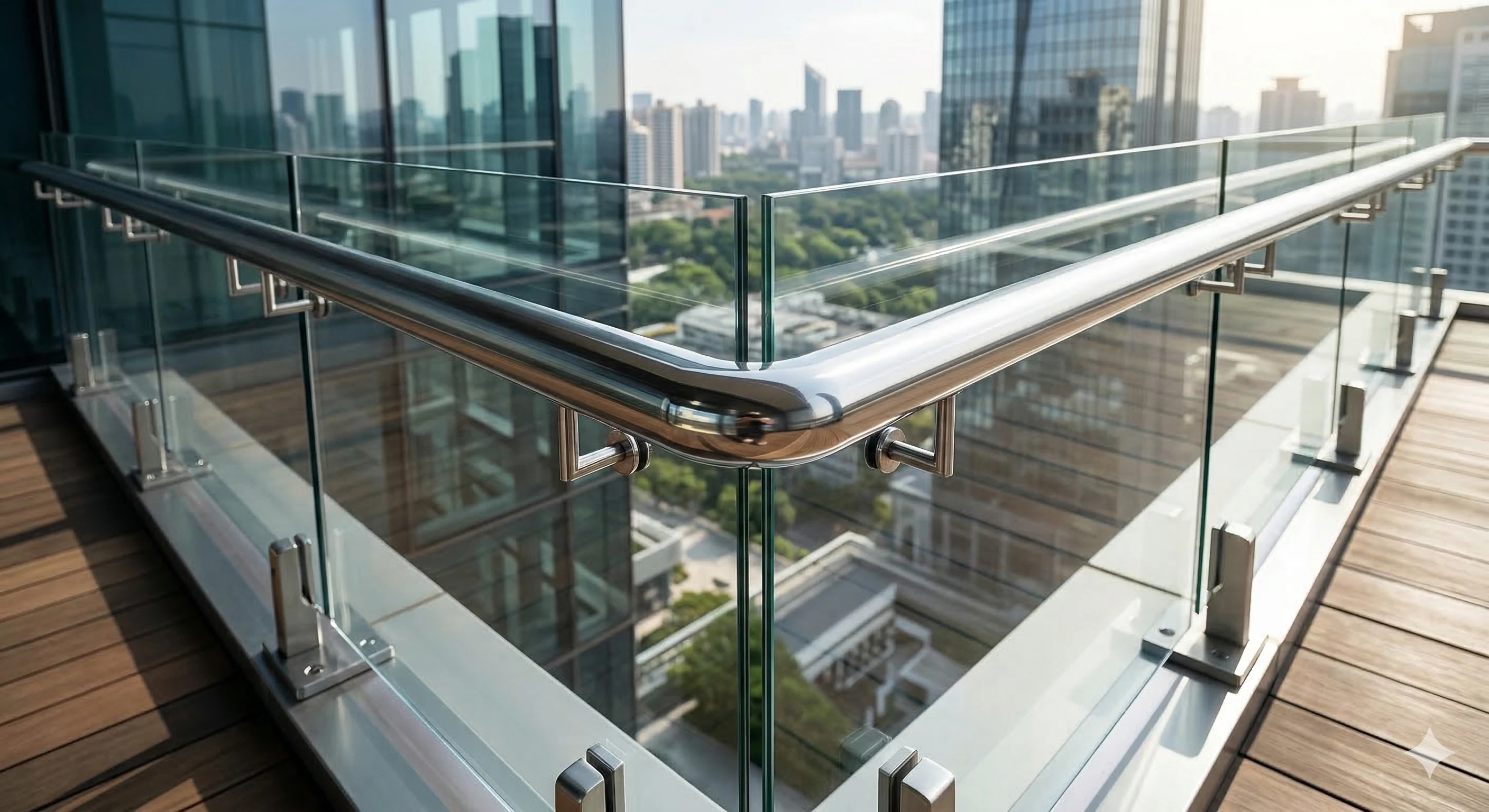 Modern balcony glass railing system with durable stainless steel handrails