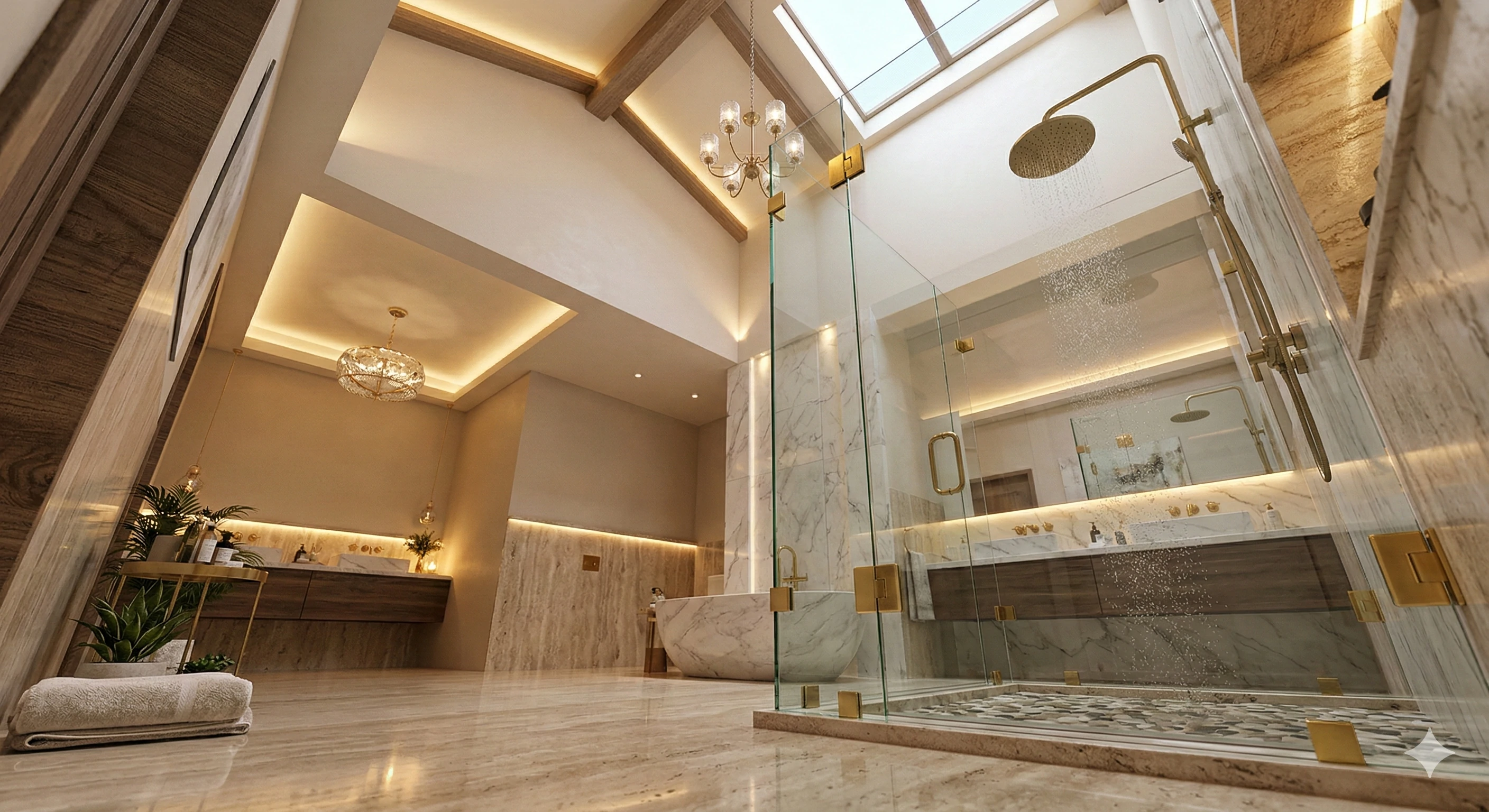 Custom frameless glass shower hardware with premium gold finish