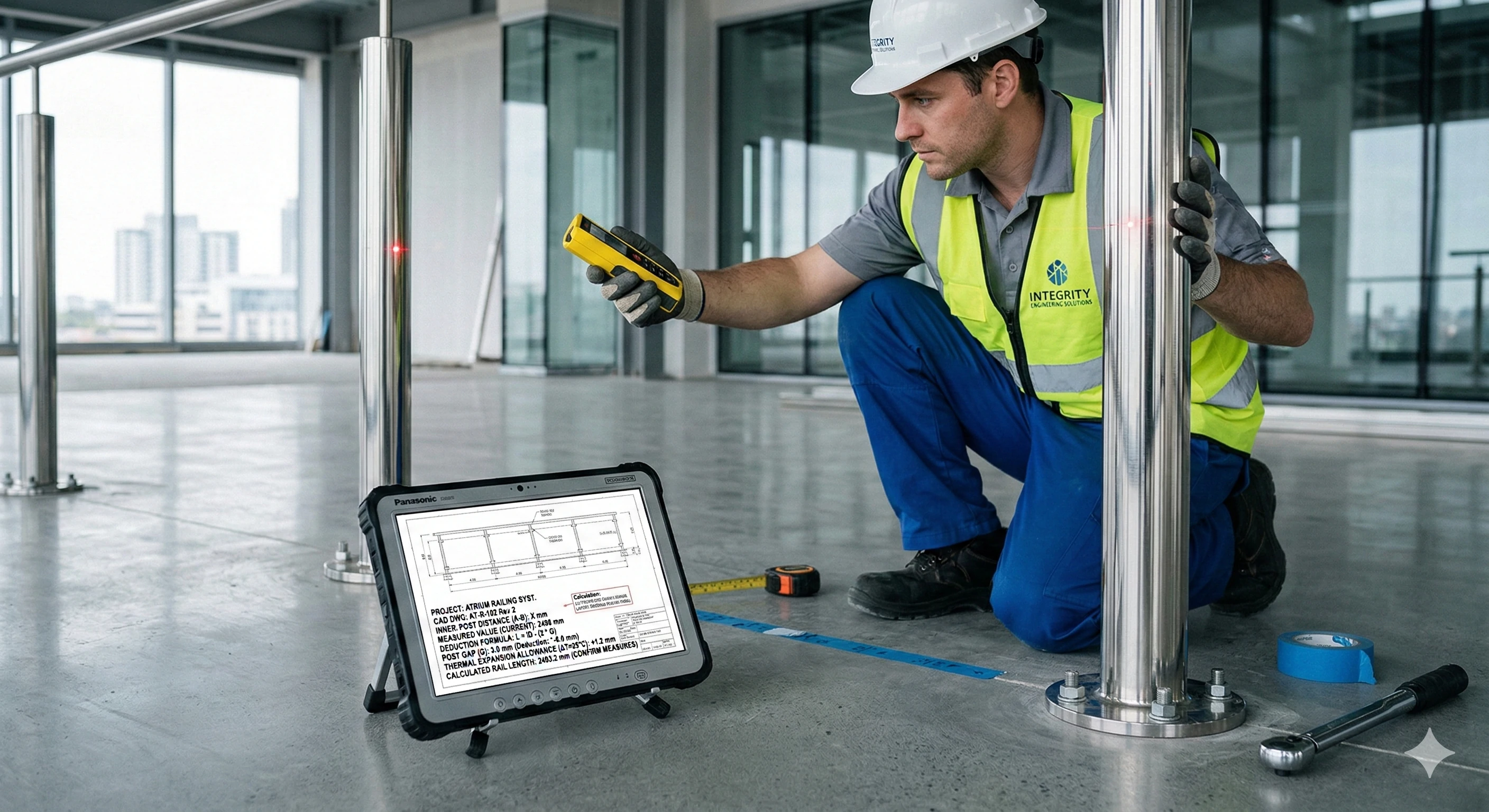 Engineer using laser tool for precise stainless steel railing post alignment