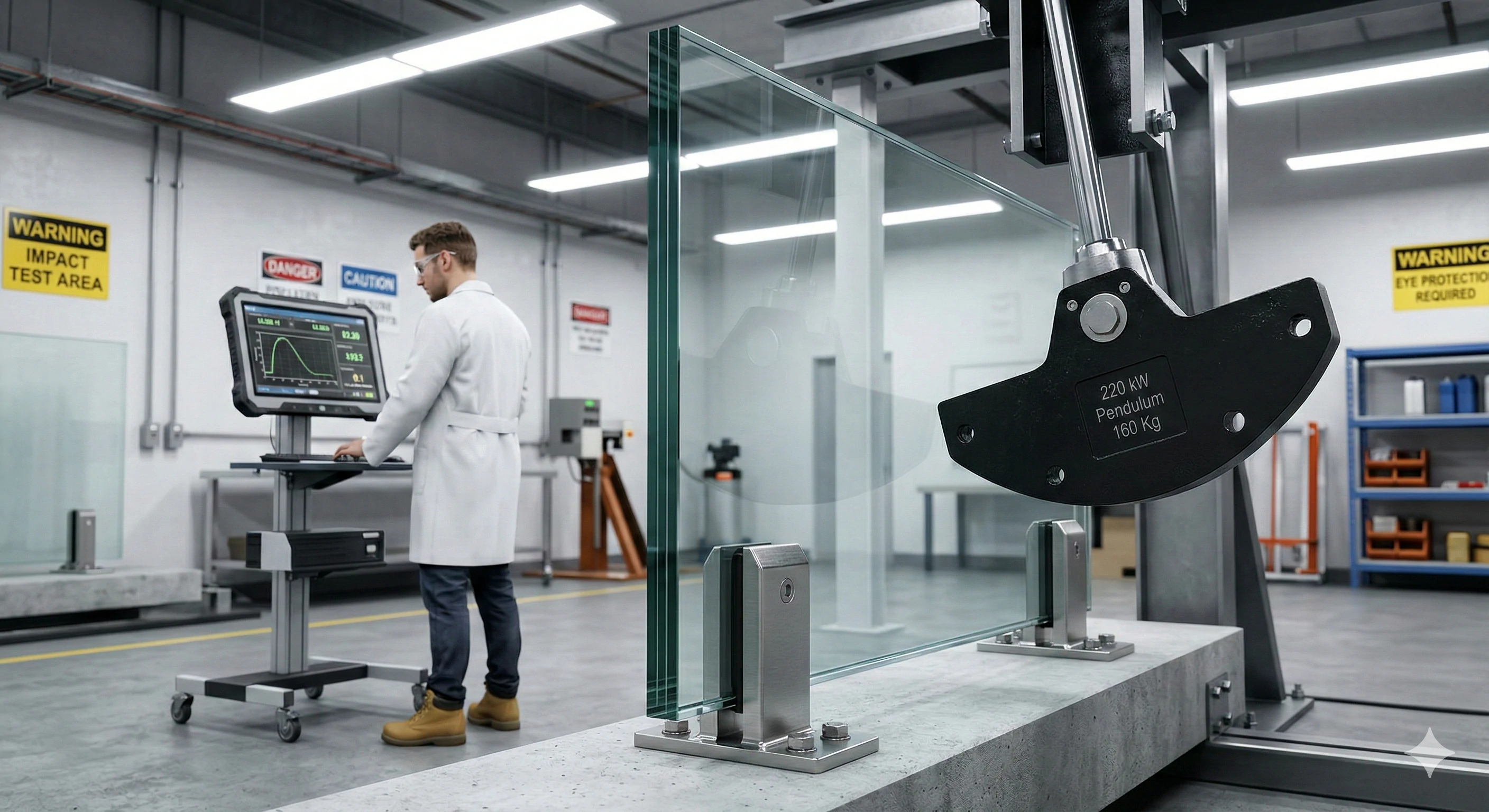 Technicien effectuant un test d'impact au pendule sur la quincaillerie pour garde-corps en verre Aleader dans un laboratoire de qualité.