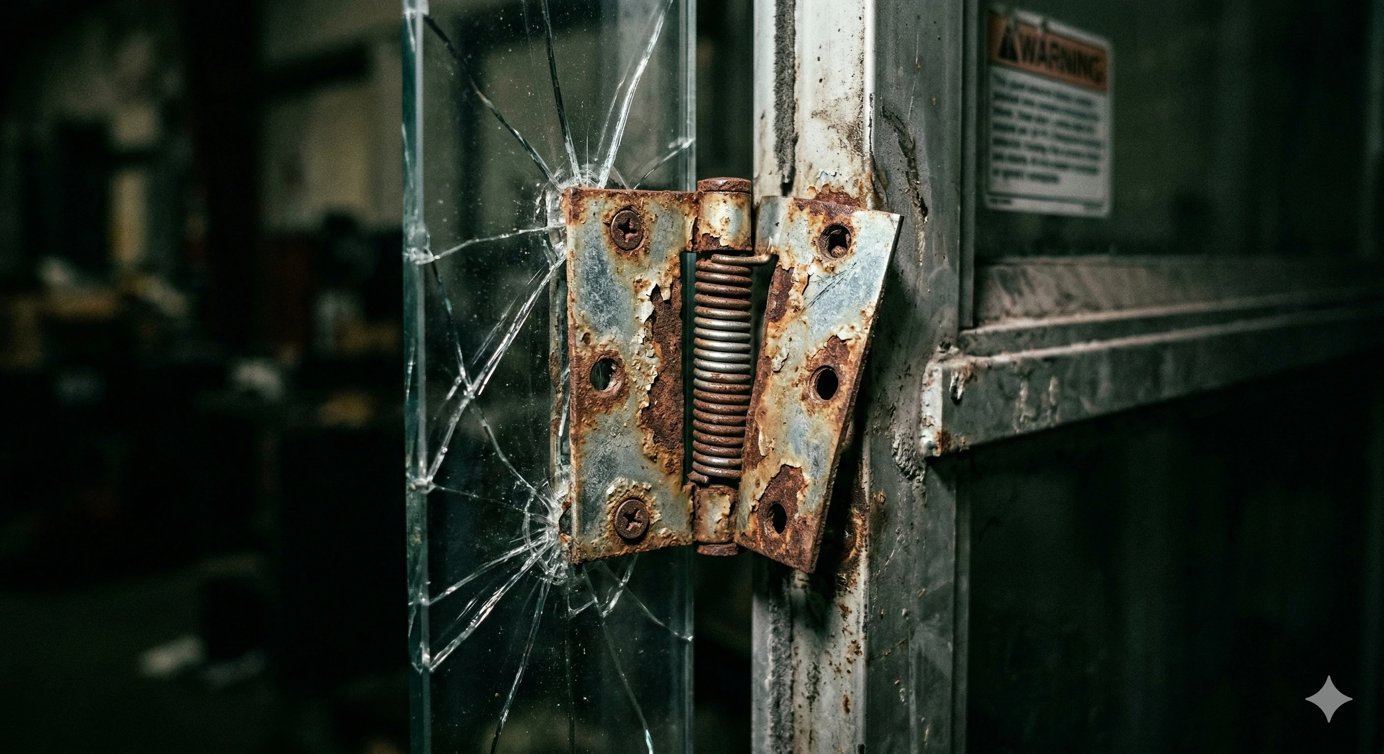 Substandard rusted glass hardware causing shattered door or railing glass failure