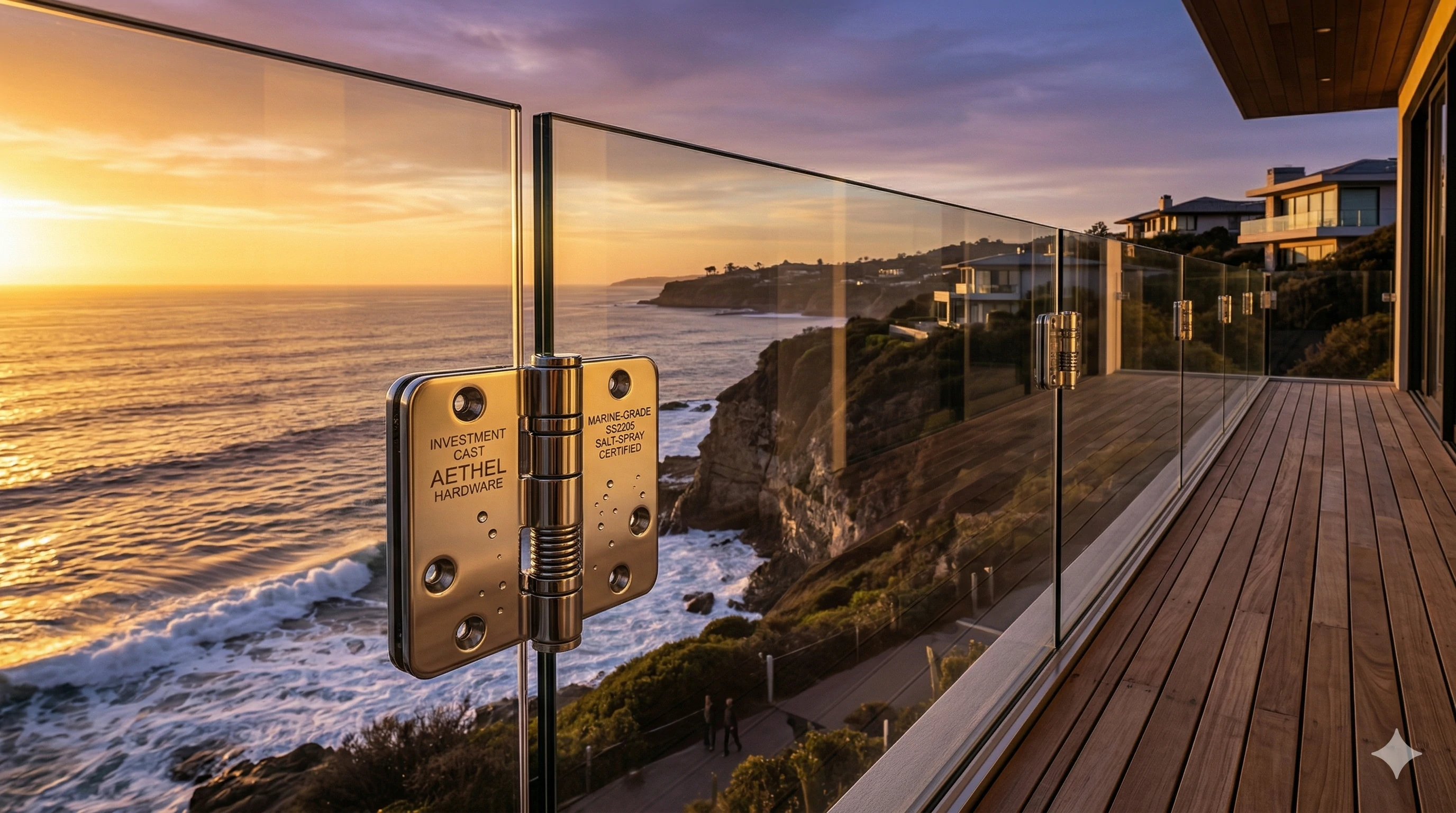 Marine grade SS2205 glass railing hardware on coastal balcony at sunset