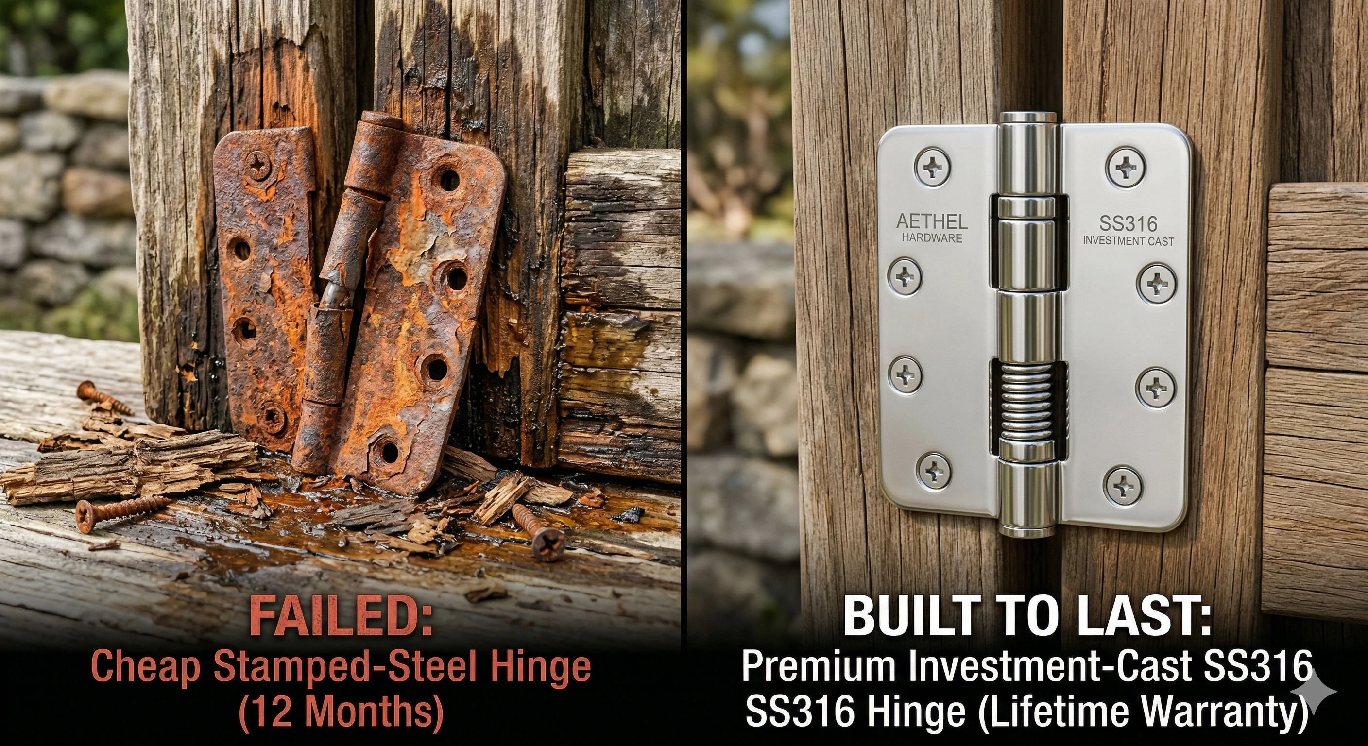 Cheap stamped steel hinge compared to premium SS316 investment cast glass hinge