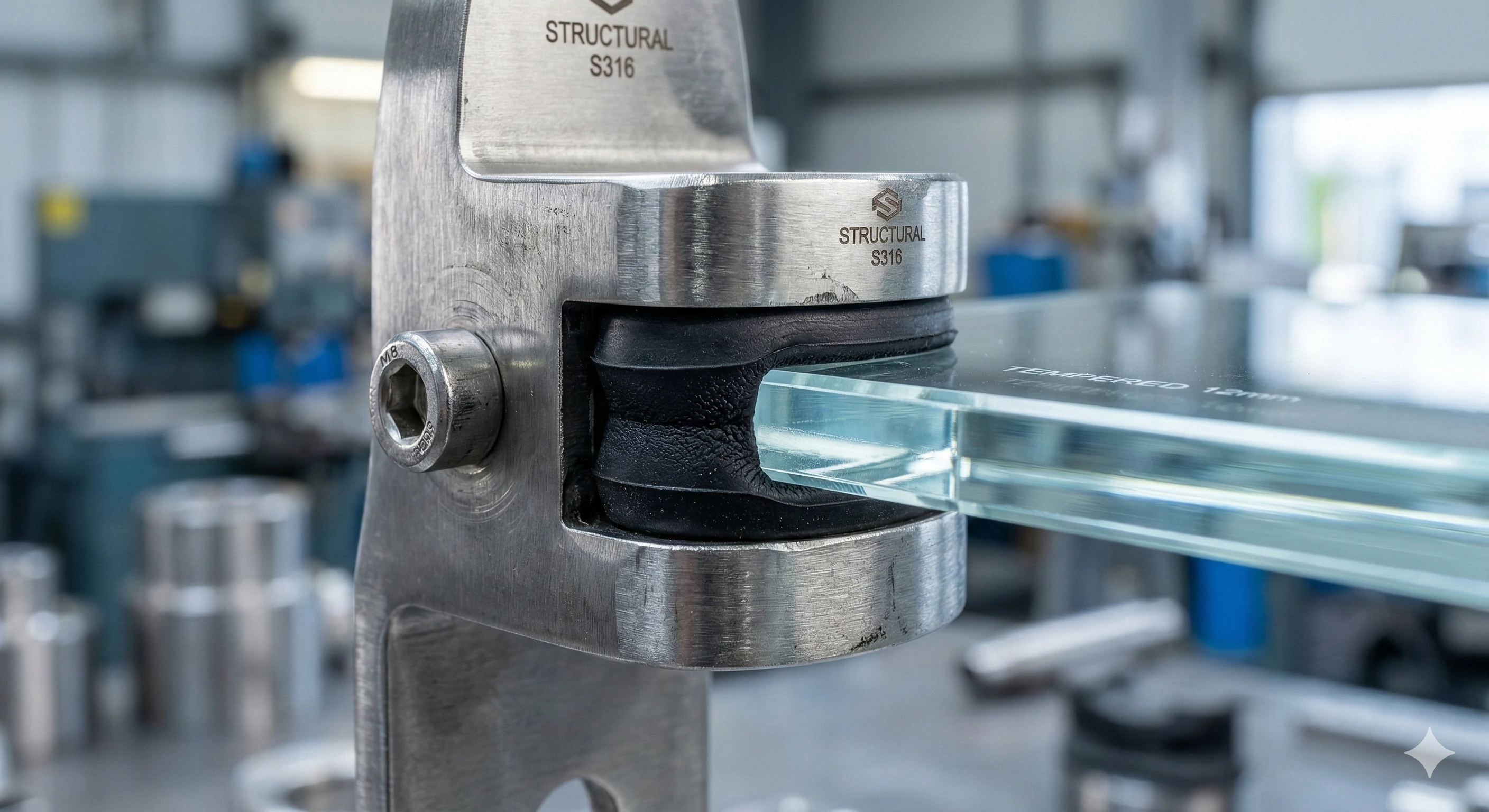 Heavy-duty SUS316 stainless steel structural glass clamp securing tempered glass