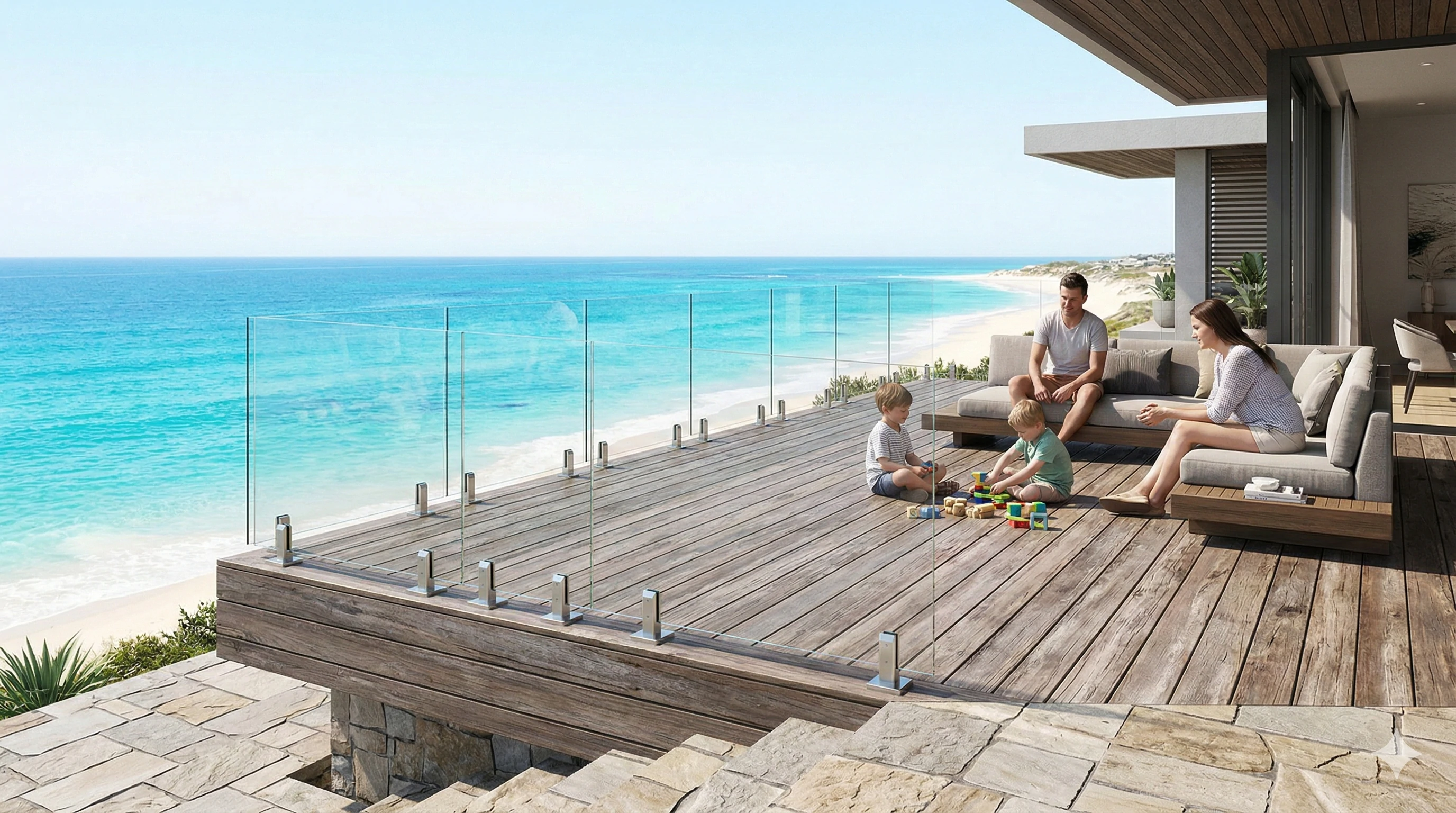 Safe frameless glass deck railing with heavy-duty stainless spigots