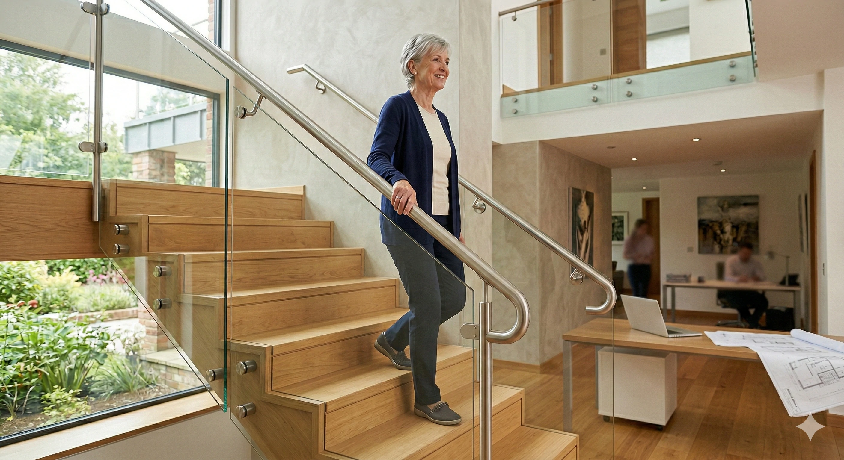 Durable glass staircase railing providing safety for seniors at home