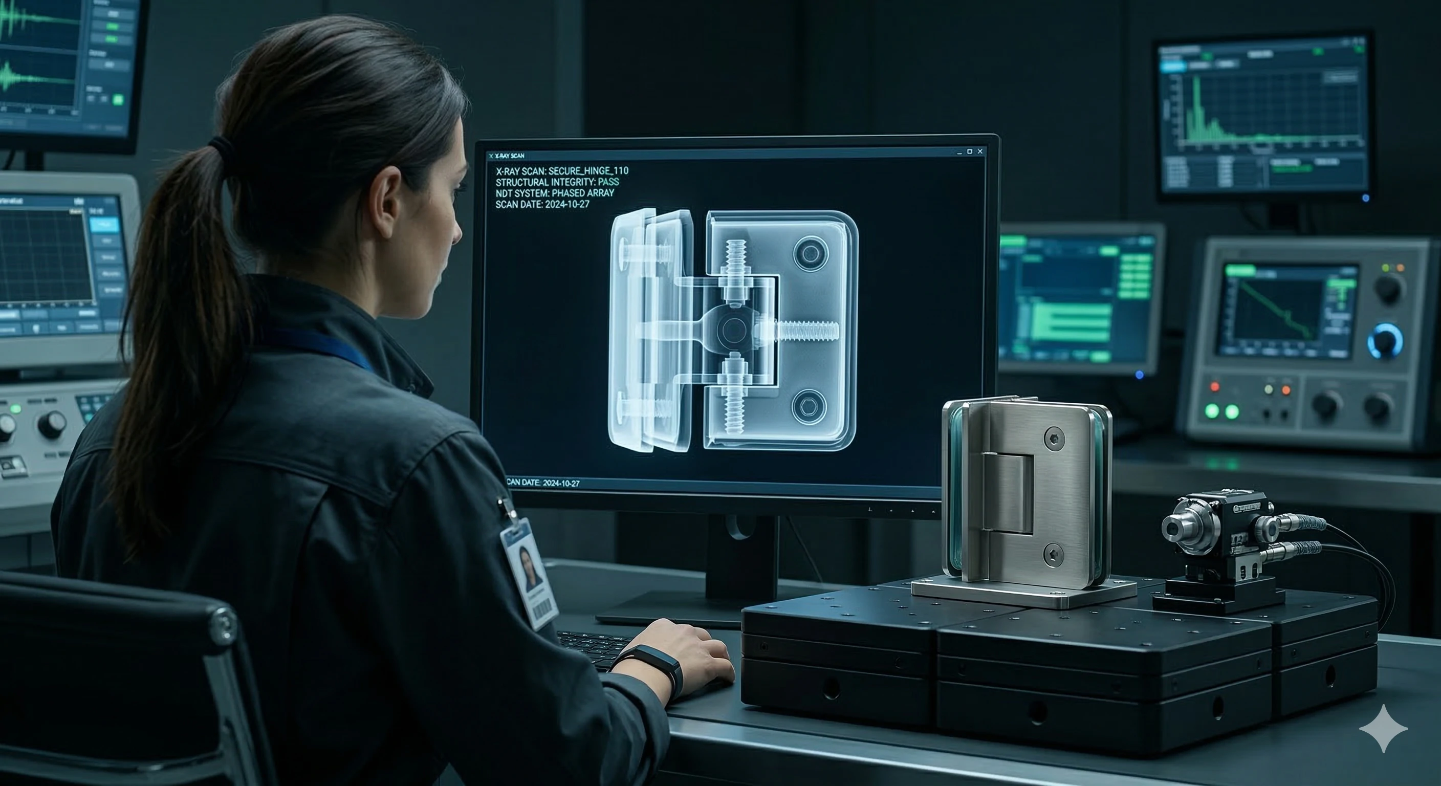 Aleader engineer inspecting glass shower hardware structural integrity via X-ray.