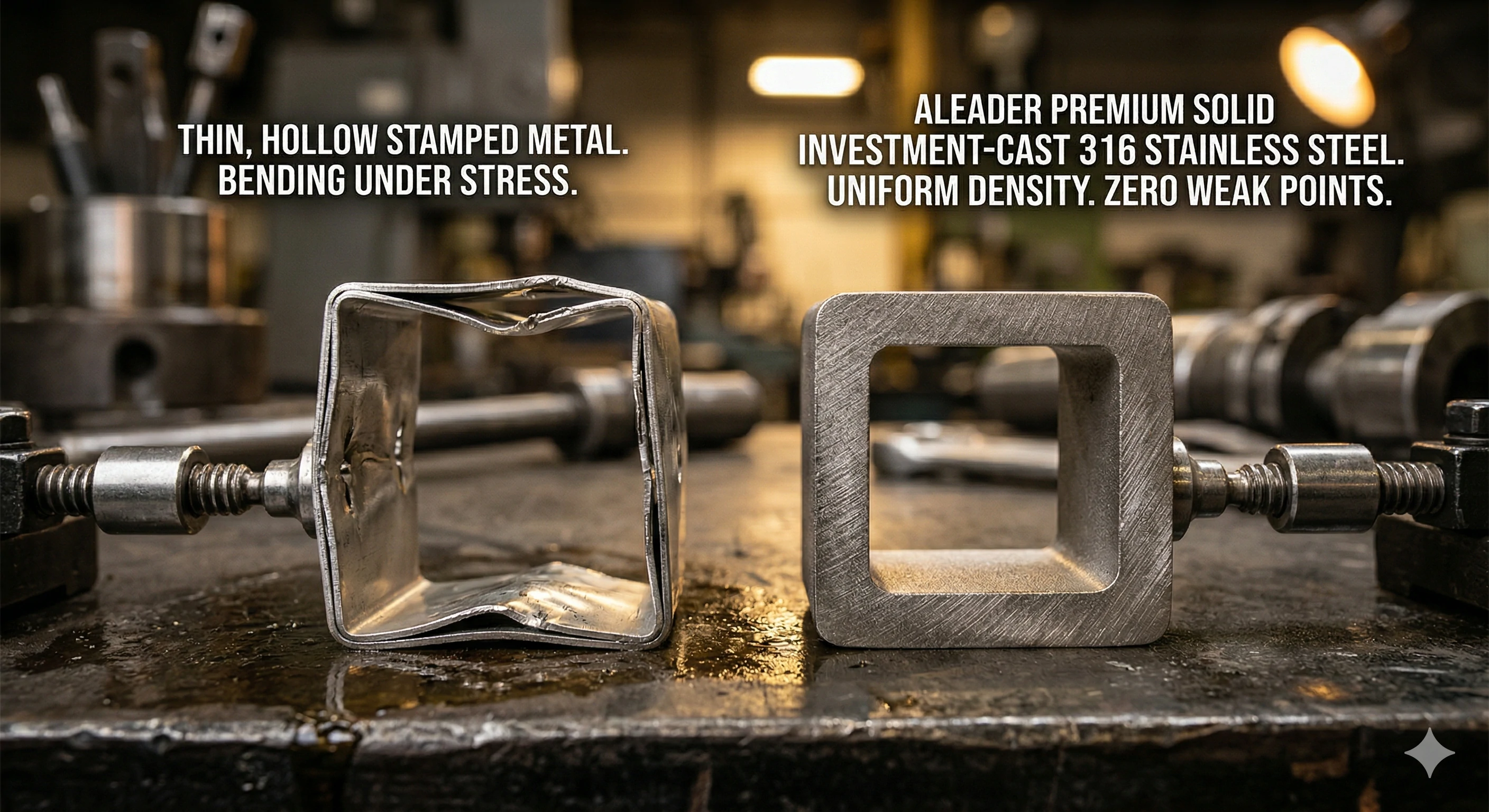 Comparison of crushed hollow metal versus solid Aleader stainless steel block.