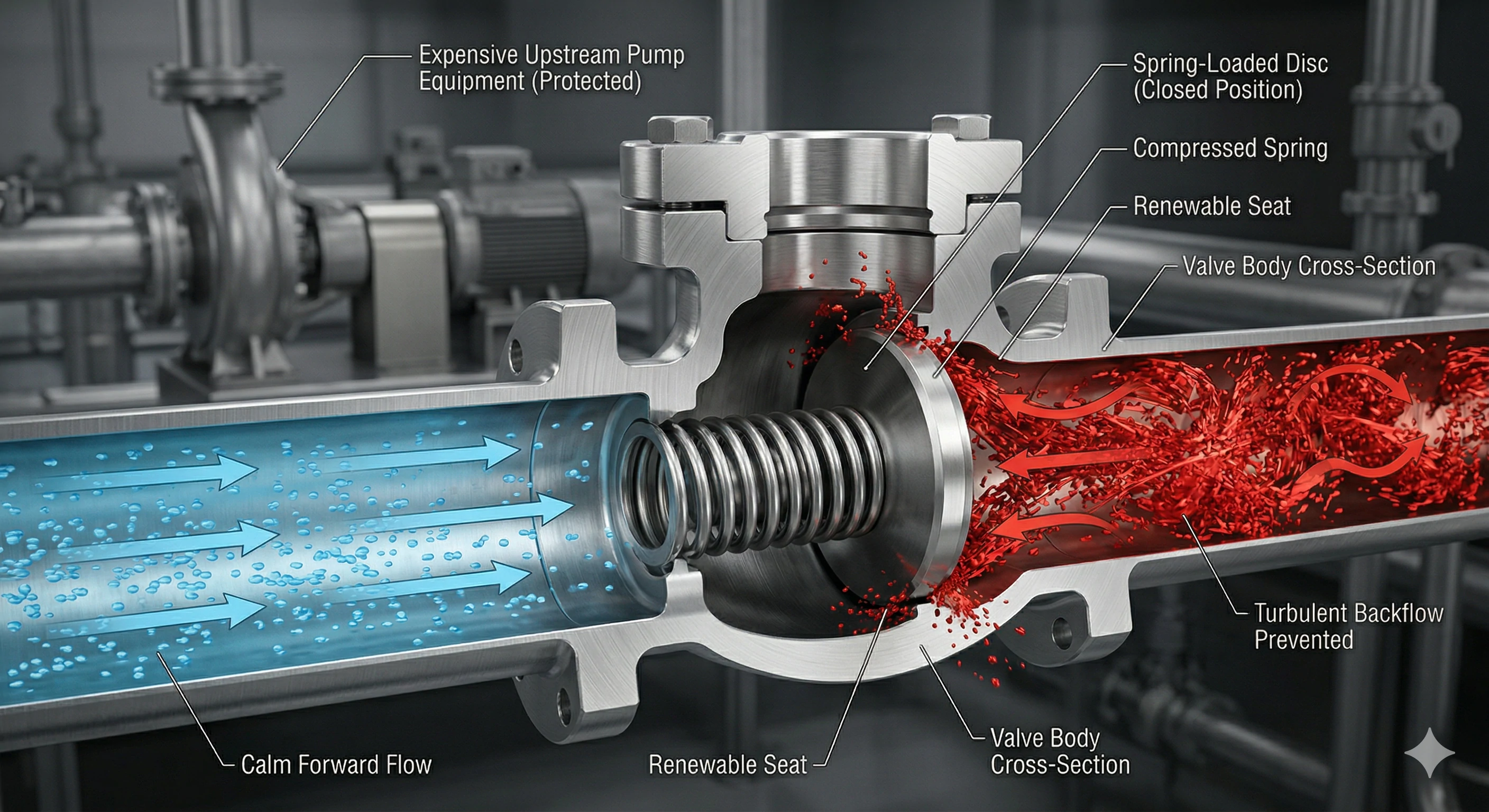Diagram of spring-loaded check valve preventing backflow to protect pump.