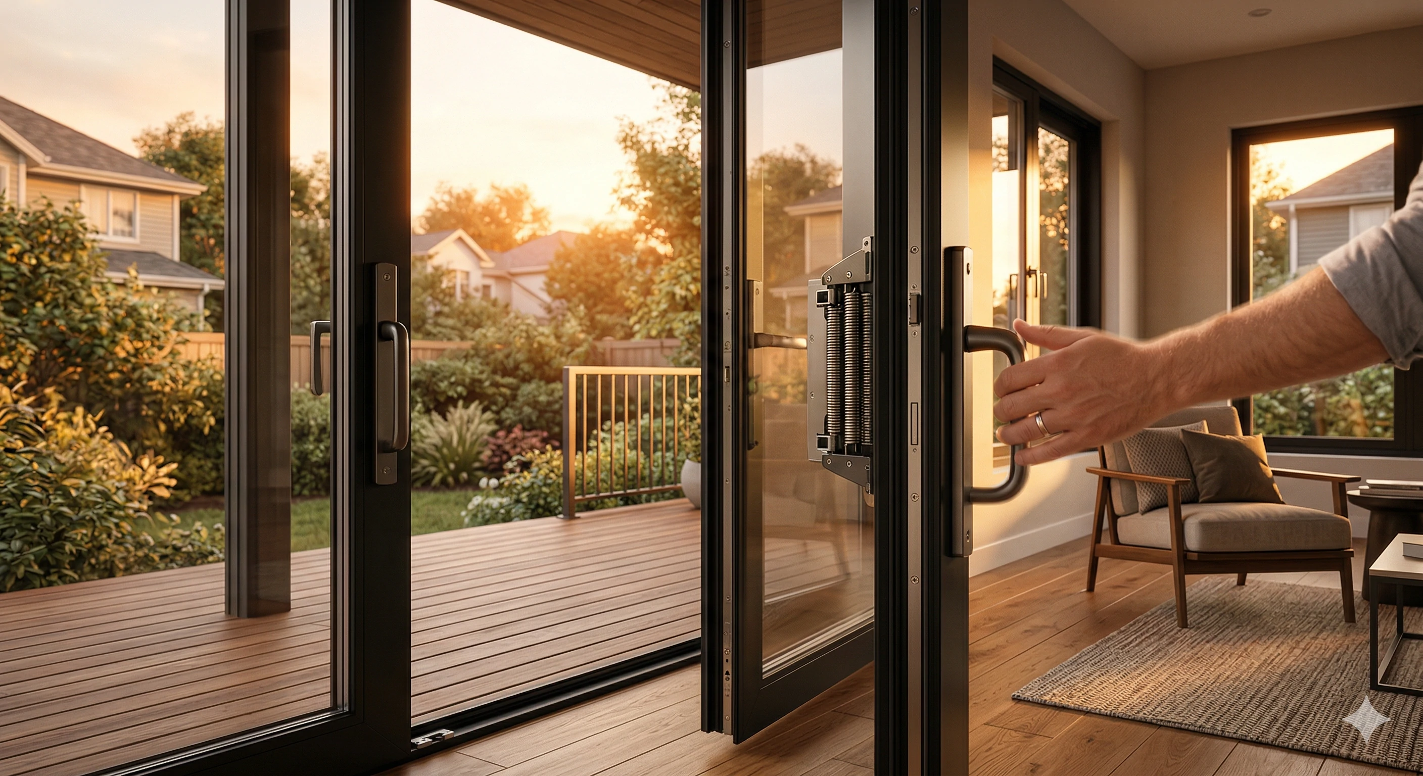 Heavy duty spring hinge for exterior glass patio doors