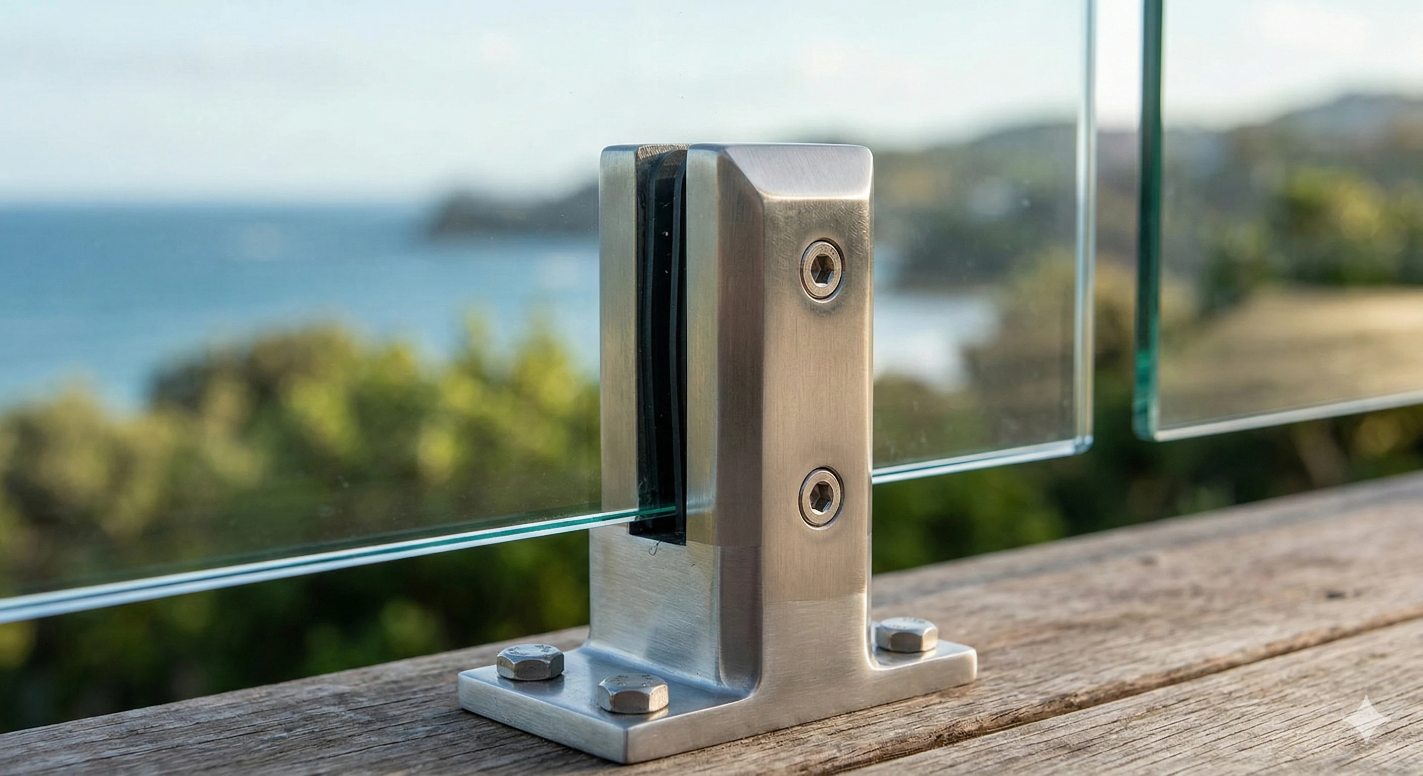 Durable stainless steel square glass spigot for outdoor glass railing.