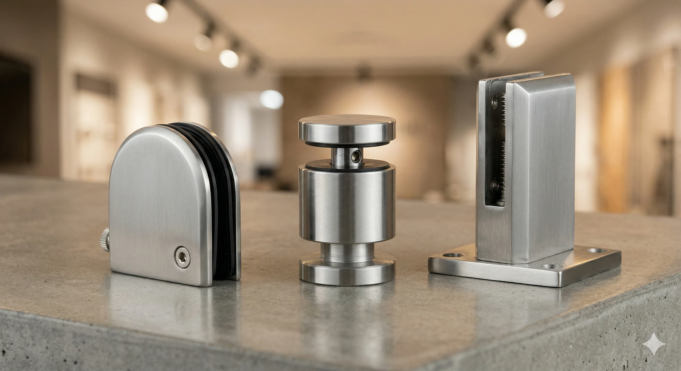 Three types of stainless steel glass mounting hardware on concrete surface