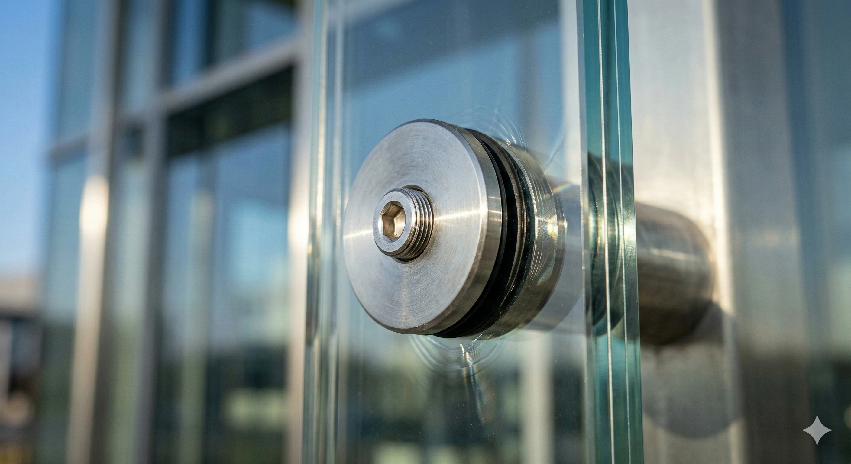 Close-up of premium stainless steel glass railing standoff fitting for secure installations.