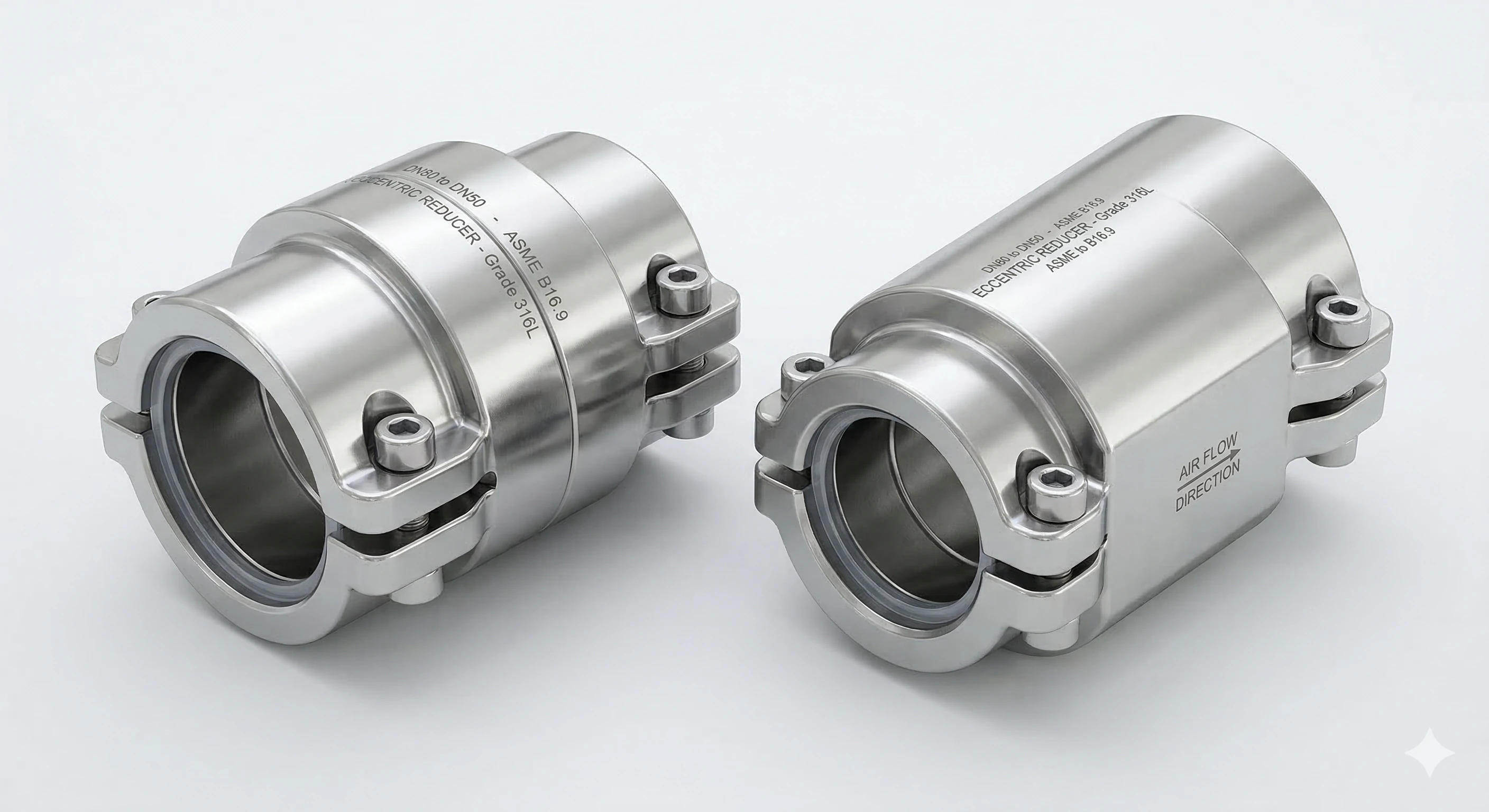 Two stainless steel 316L eccentric reducers for industrial pipe fitting applications.