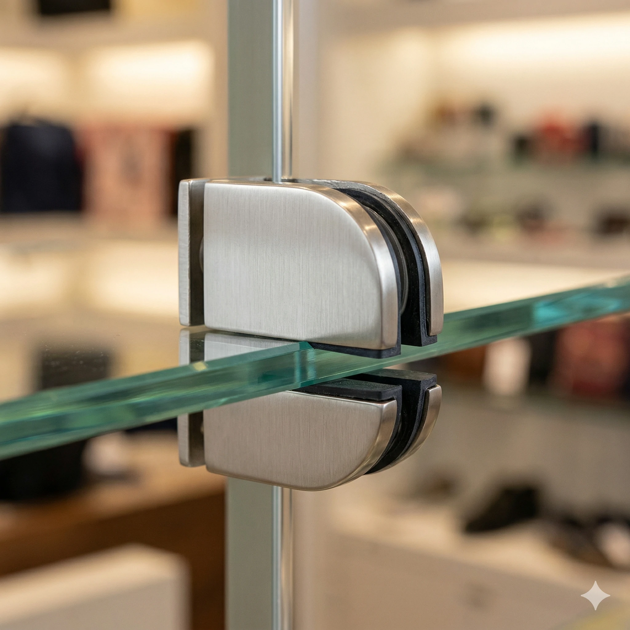 Stainless steel D-shaped glass clamp securing transparent glass panels