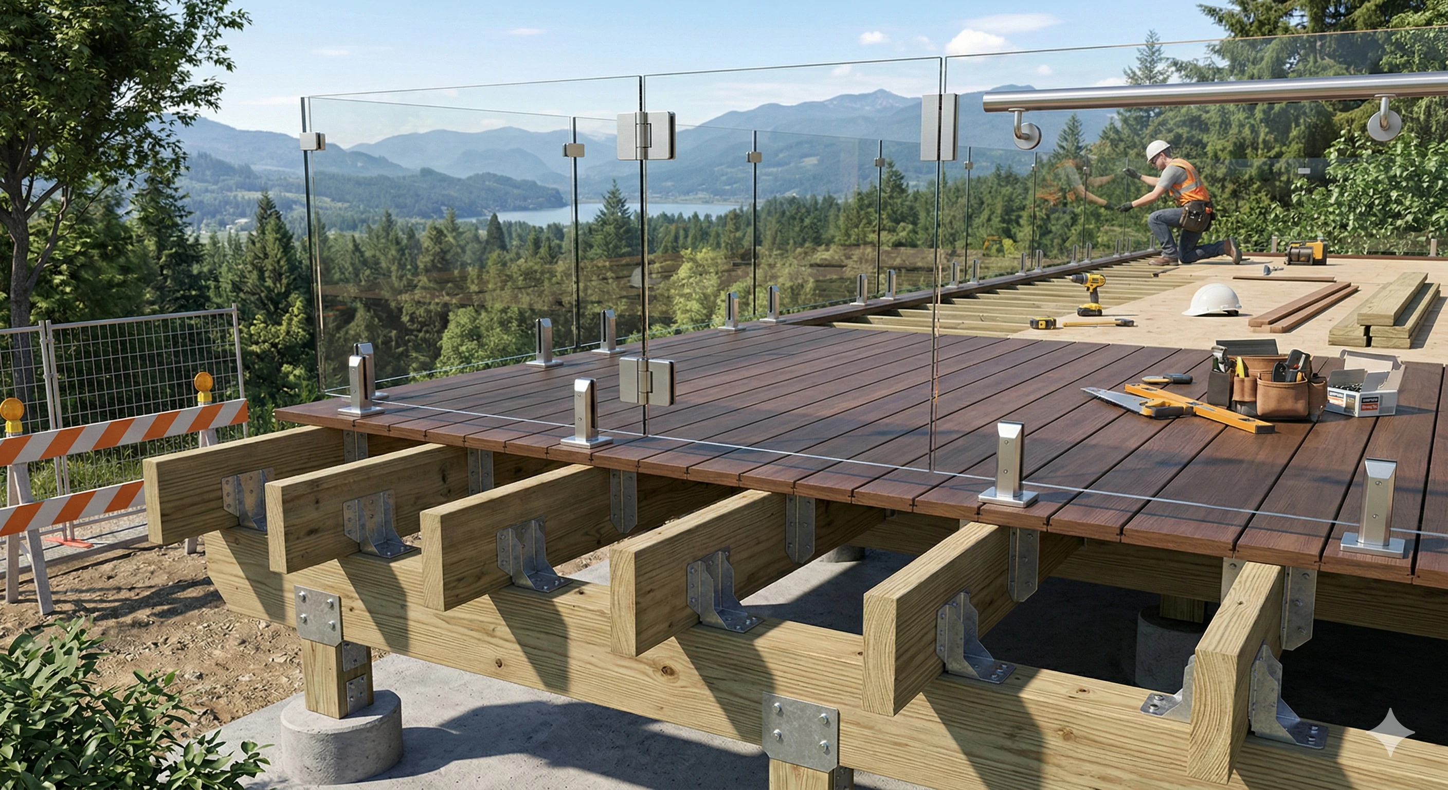 Stainless steel glass railing spigots installed on outdoor deck