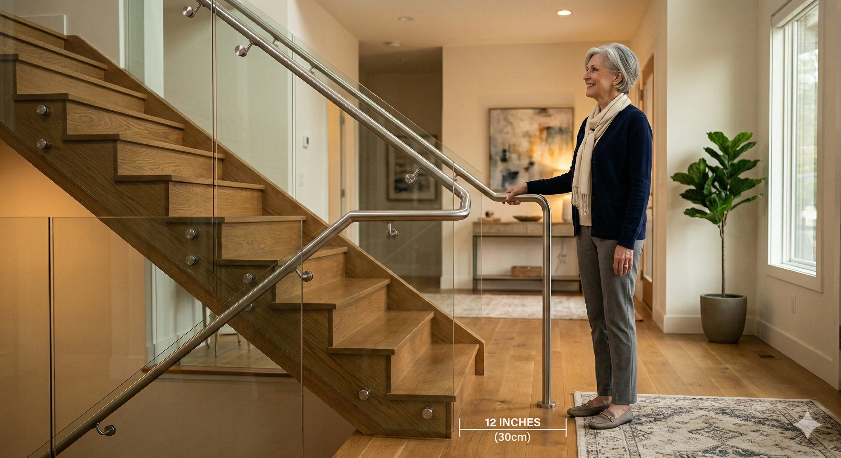 Durable glass railing fitting with stainless steel handrail for stairs