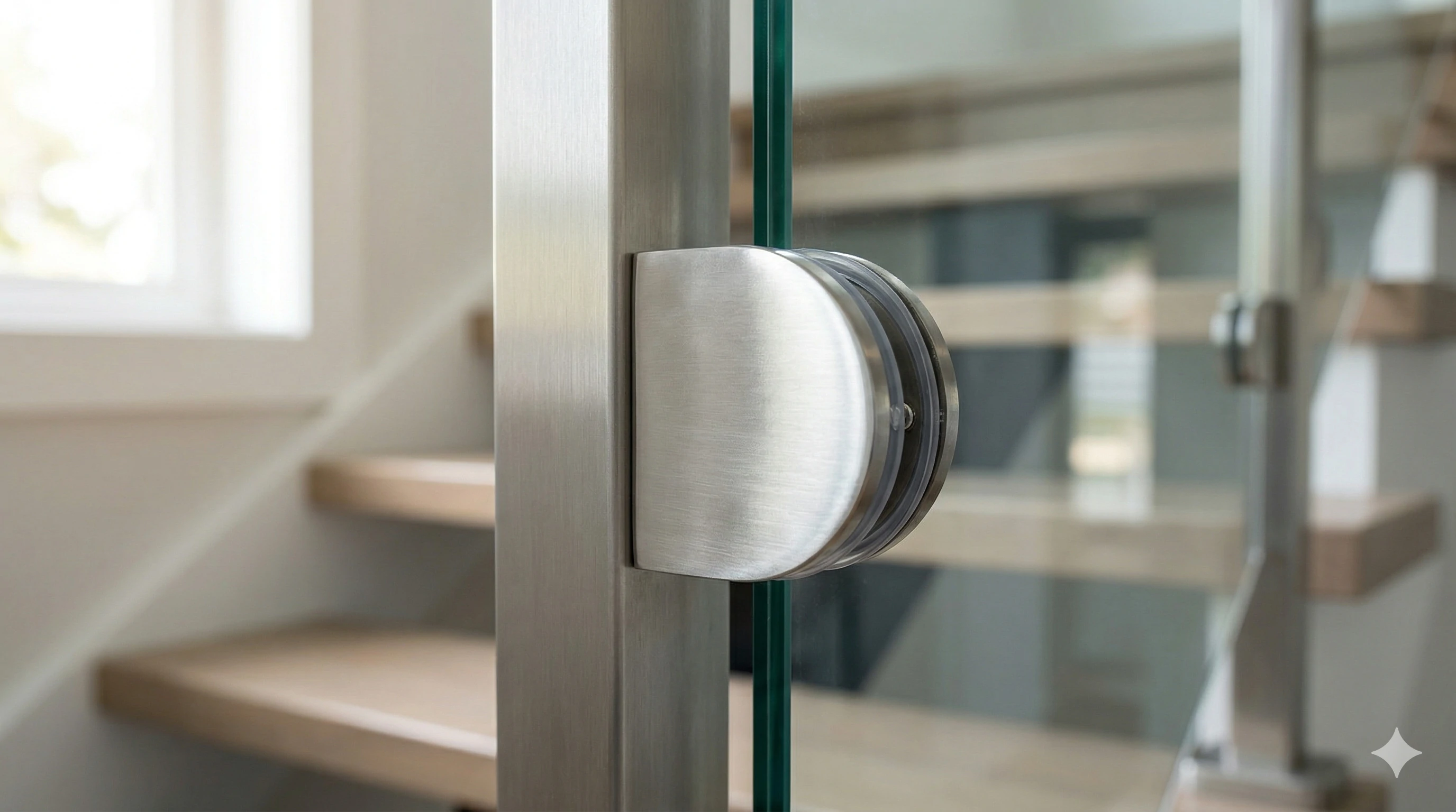 Stainless steel glass railing clamp mounted on modern staircase post