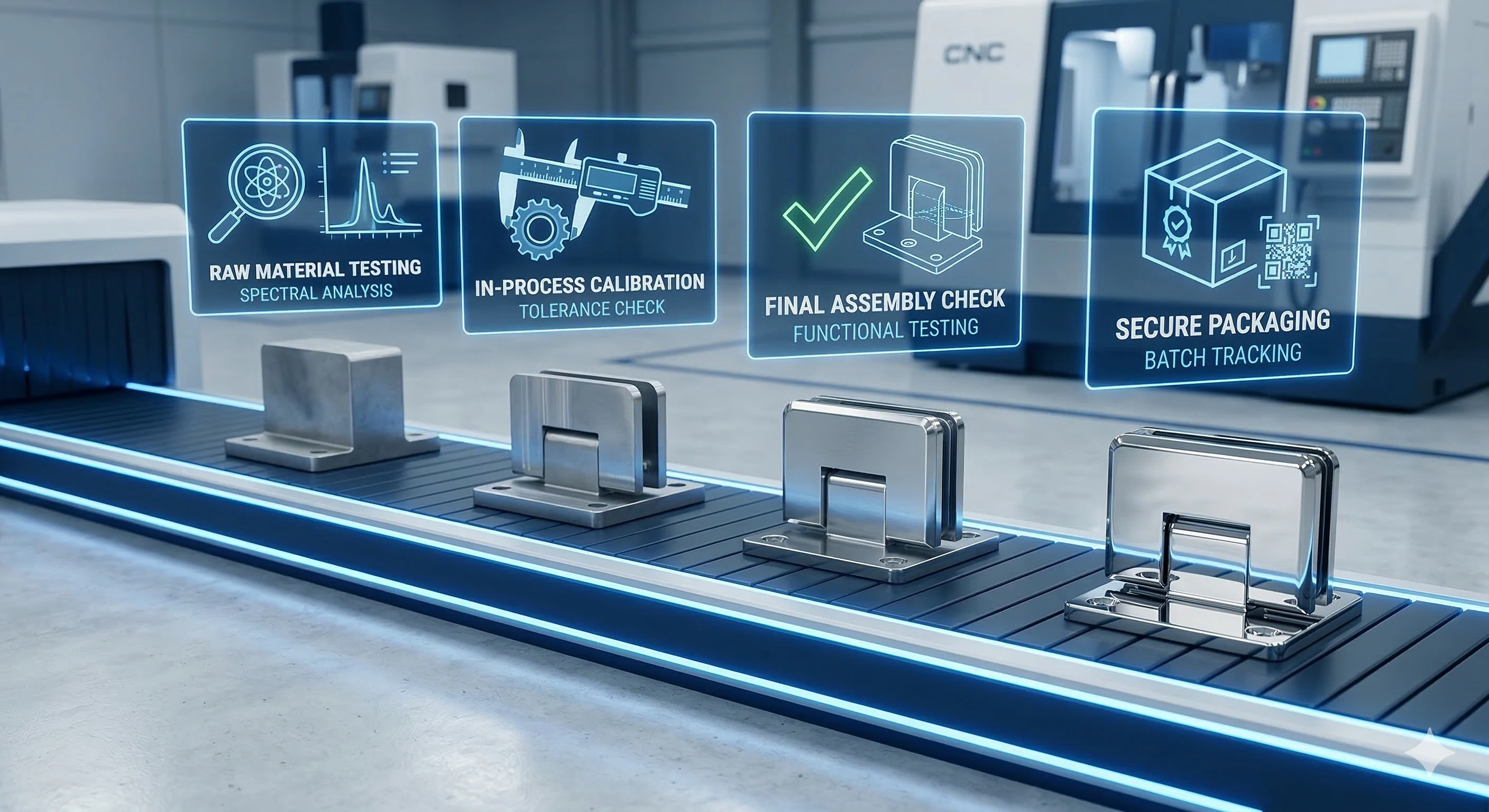 Processus de fabrication de quincaillerie en verre, allant des essais sur les matières premières jusqu'aux étapes de conditionnement
