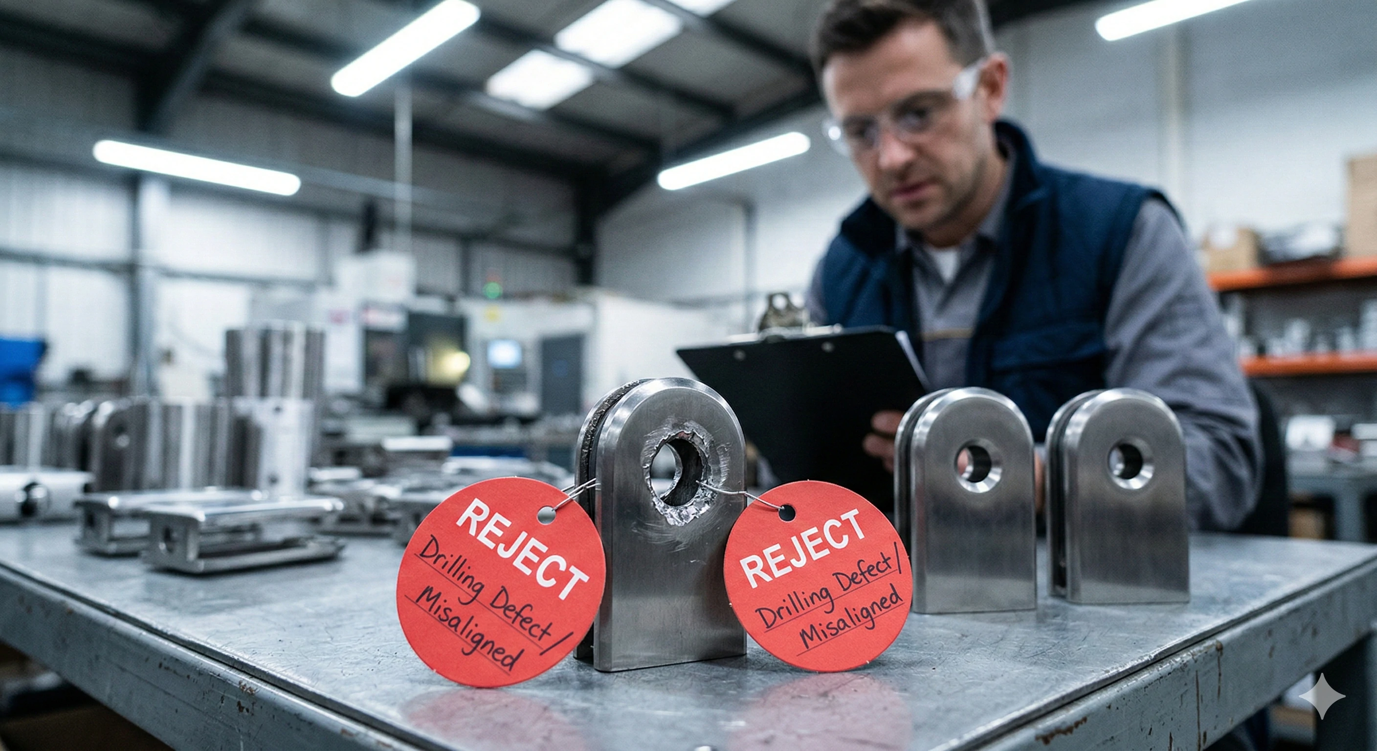 Inspector rejecting misaligned glass fittings during strict quality control