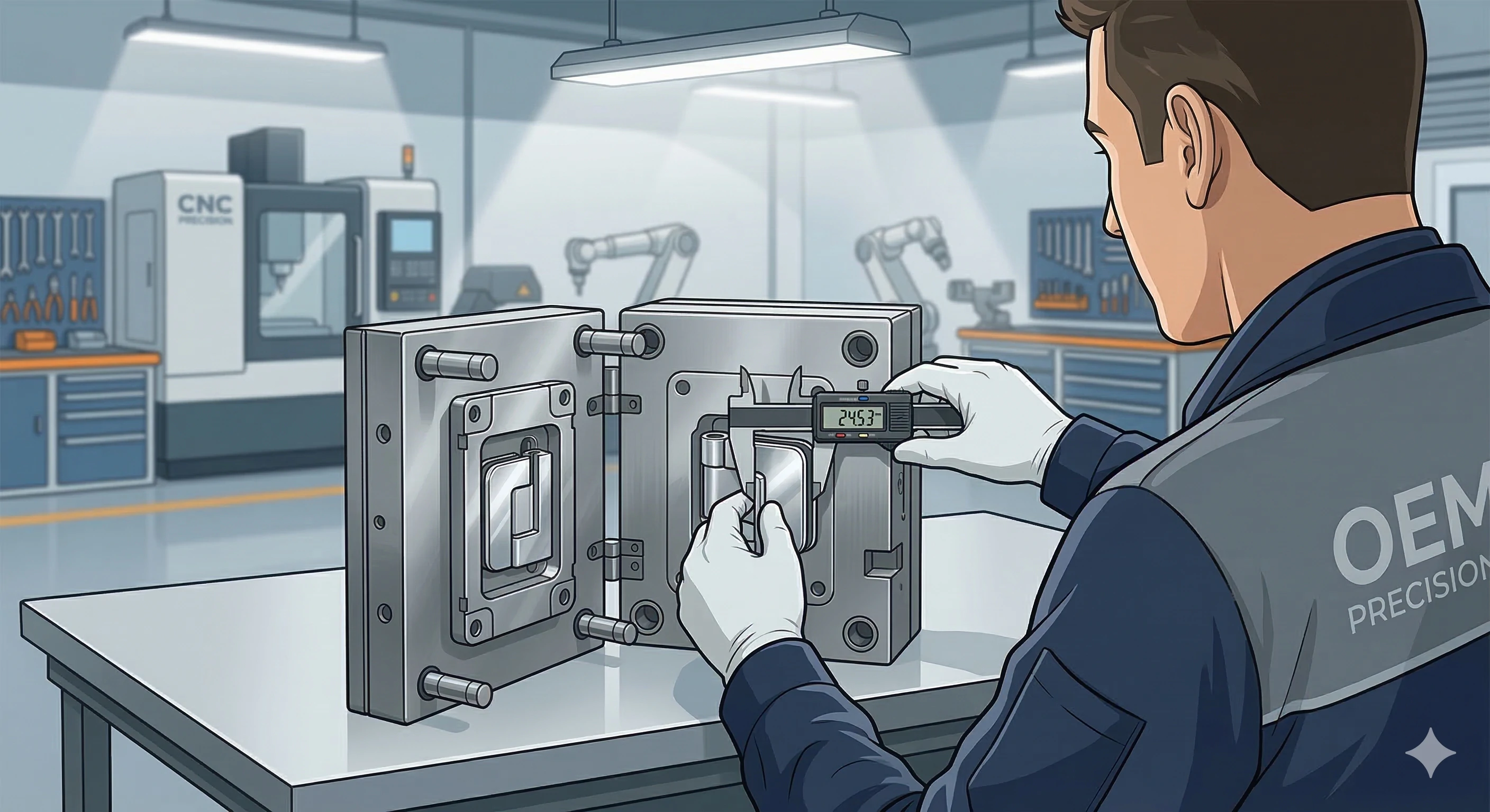 Engineer performing strict quality control measurement on custom OEM hardware