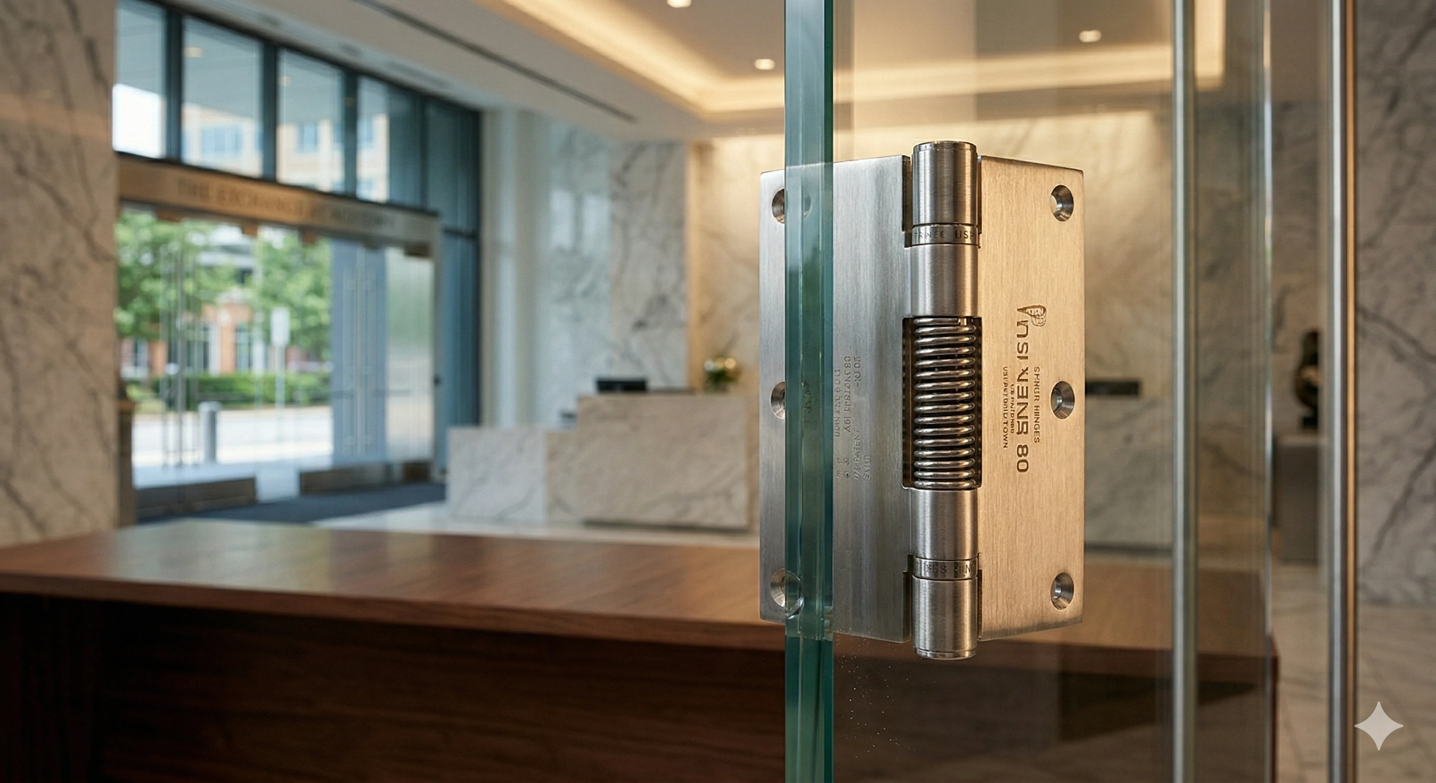 Close-up of a Striker Hinges heavy-duty metal hinge on glass door