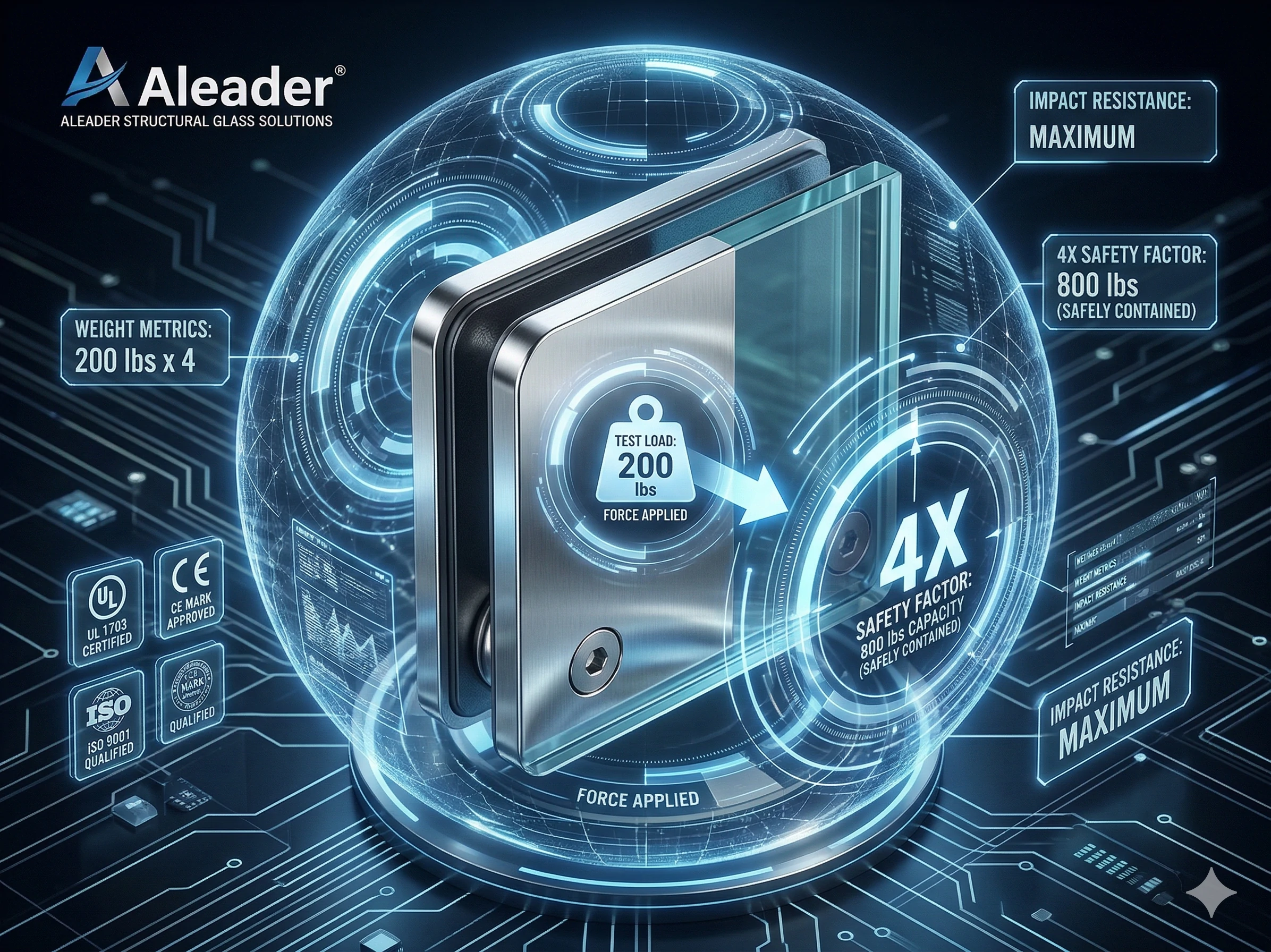 Structural glass clamp displaying 800 lbs safety factor and maximum impact resistance.