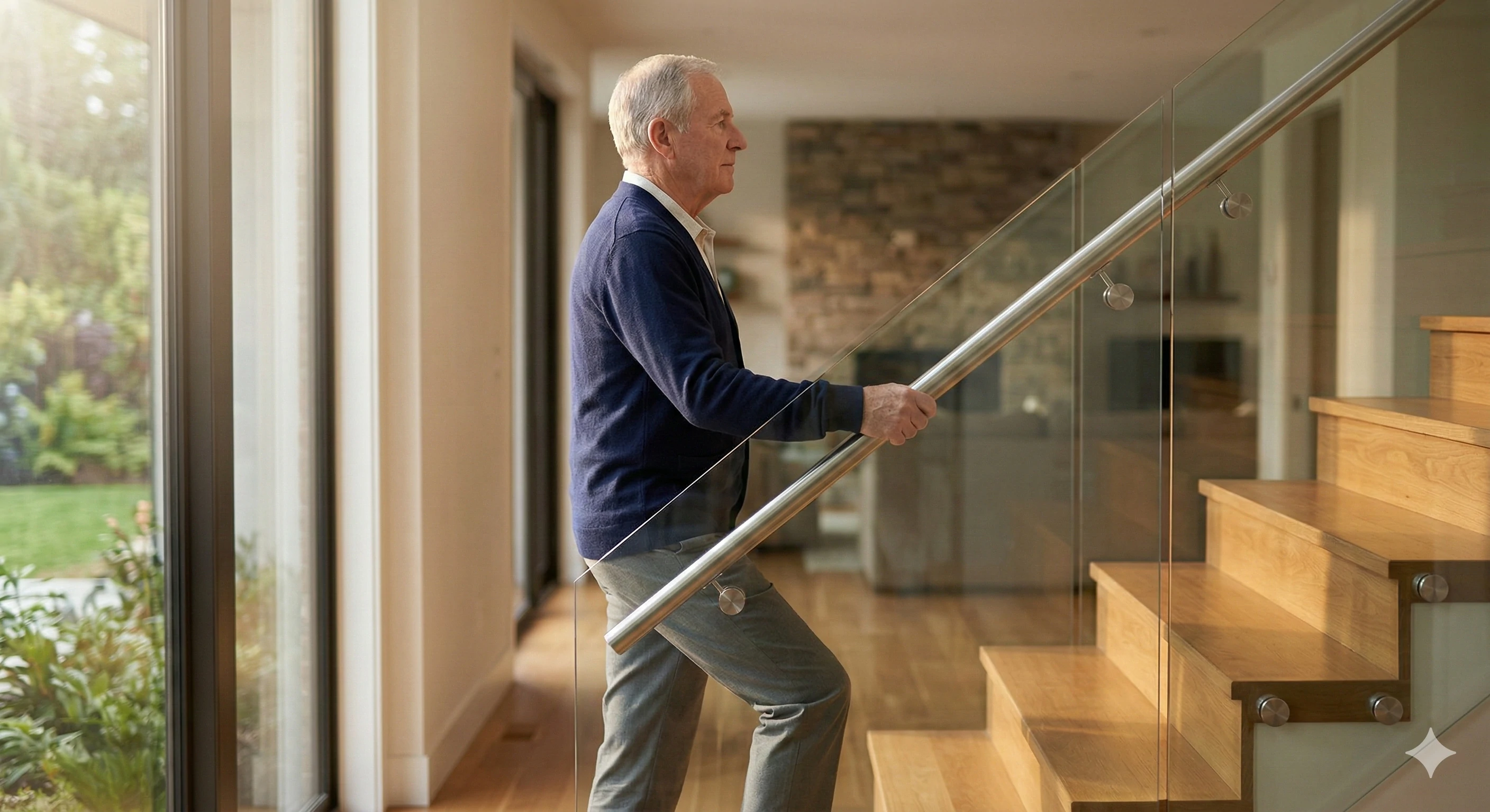 Elderly man walking up stairs supported by sturdy glass balustrade hardware