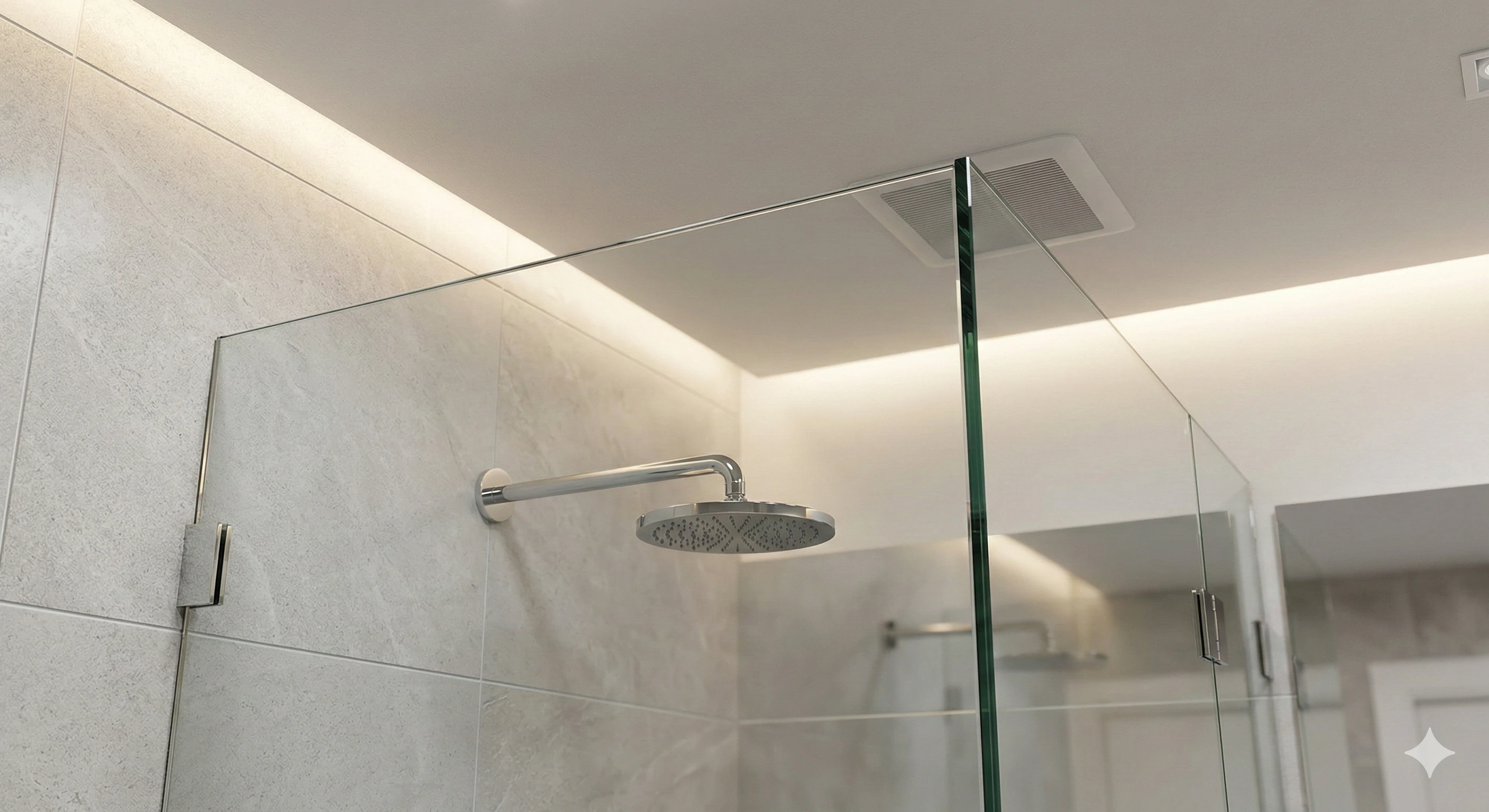 Close up of custom tall frameless glass shower panels and hardware