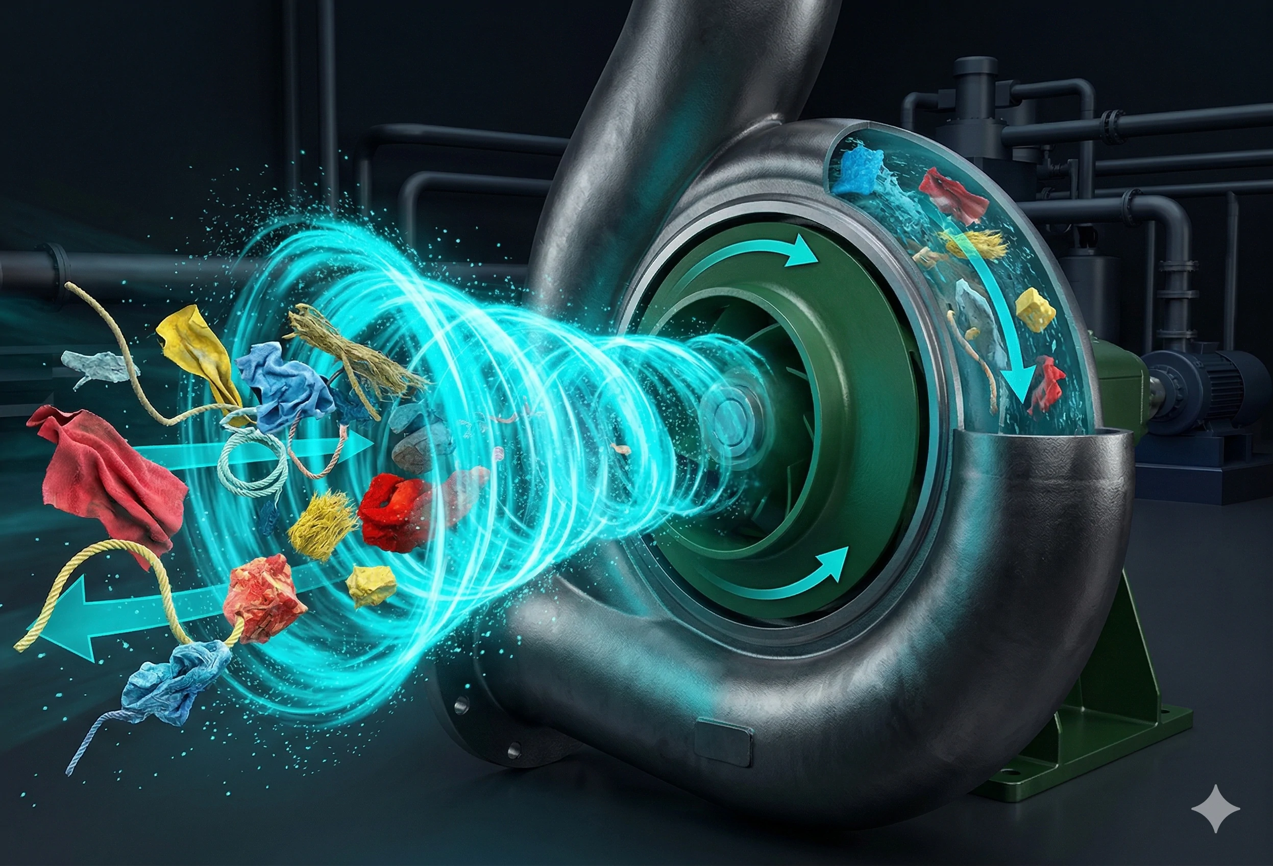 Industrial trash pump processing solid waste and debris in a water vortex.