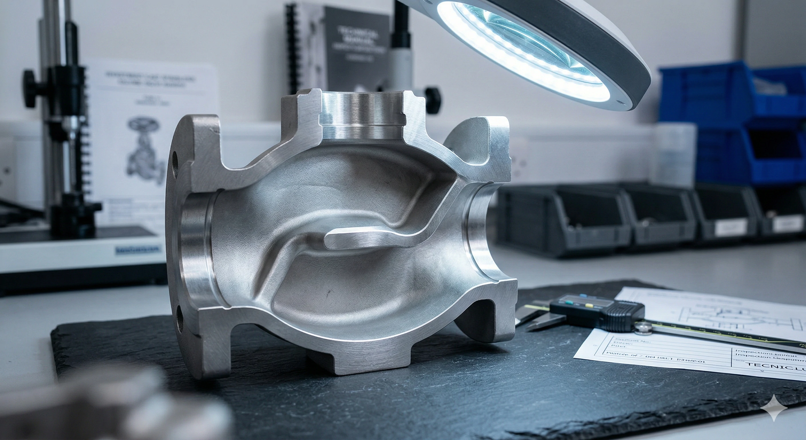 Stainless steel valve body casting under inspection lamp in quality lab.