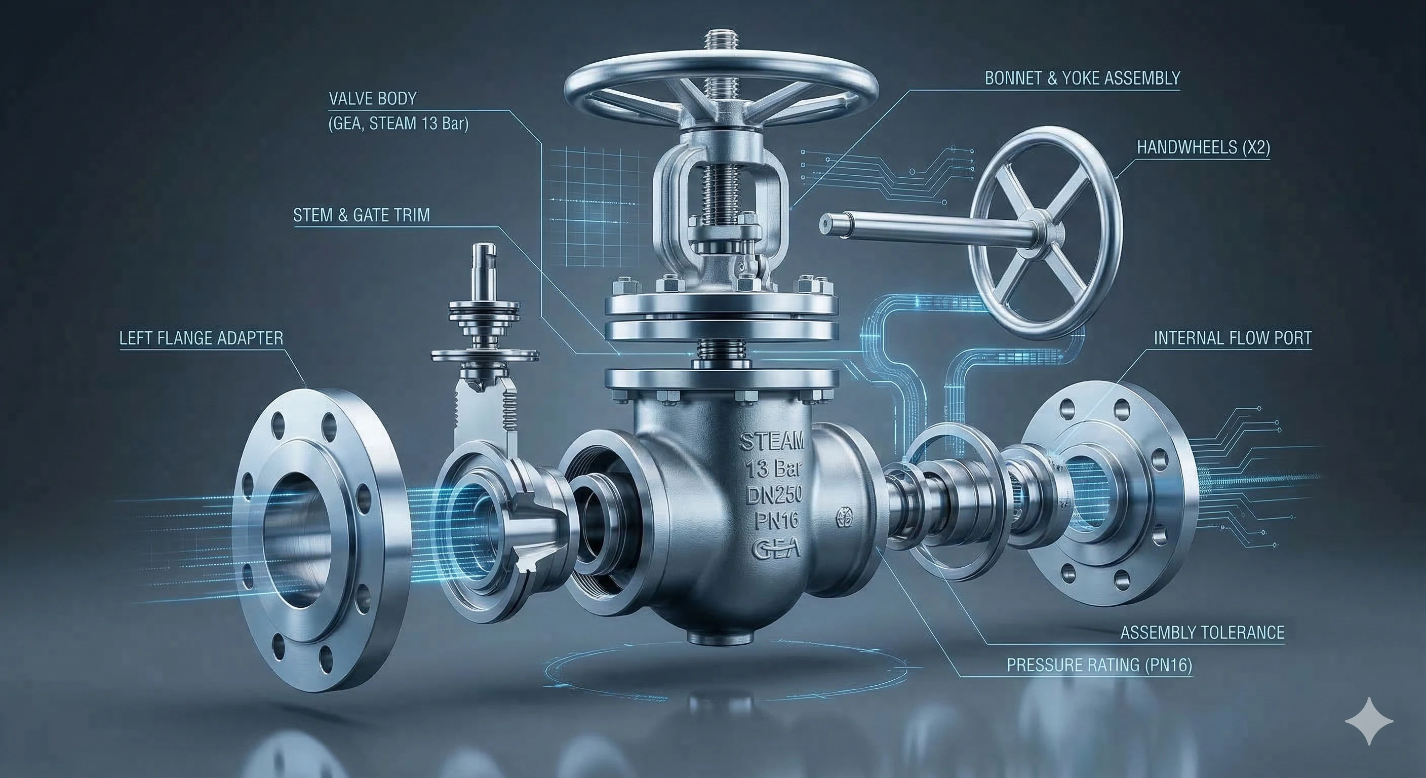 Detailed exploded view diagram of industrial valve components and engineering design