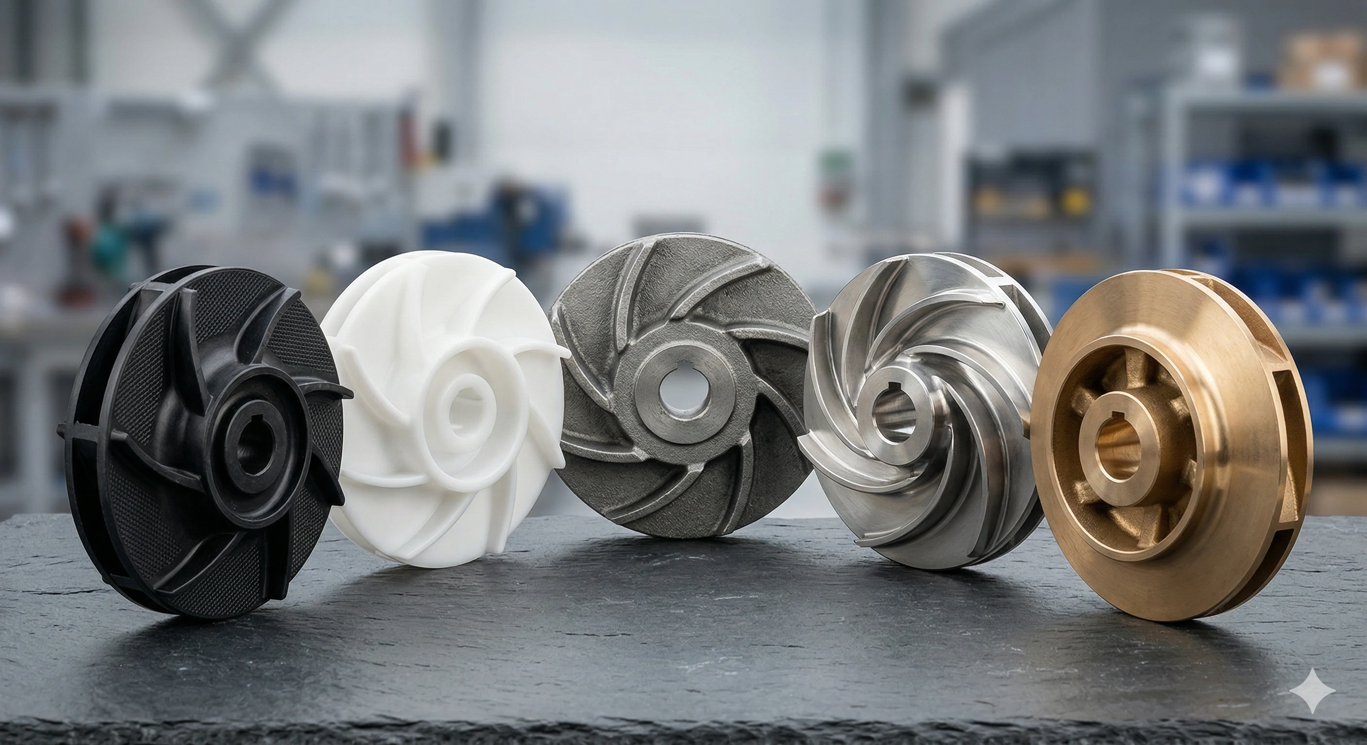 Row of various pump impellers made from plastic, iron, steel, and bronze.