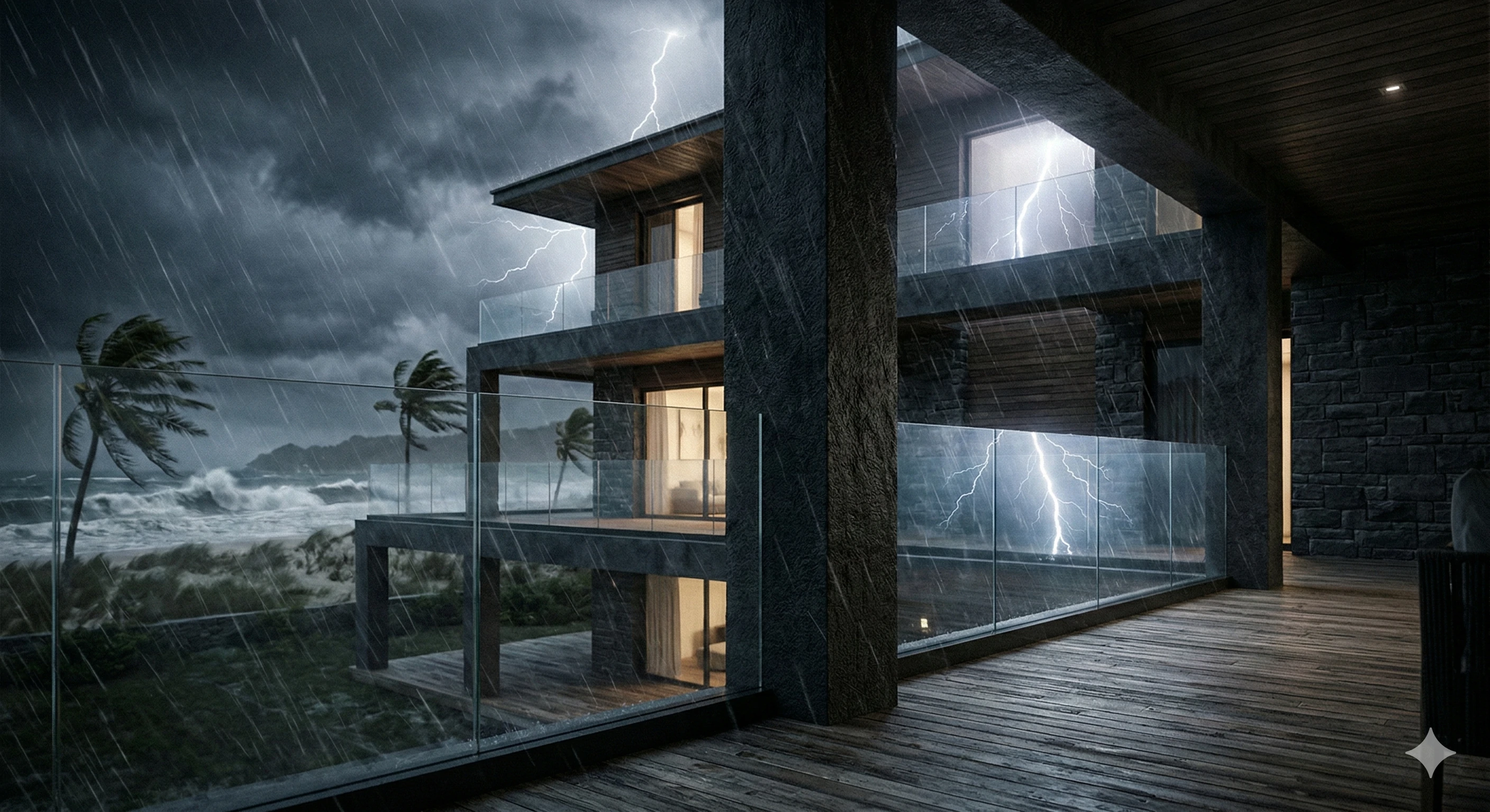 Les ferrures et les systèmes de garde-corps en verre résistants supportent les conditions météorologiques extrêmes et les tempêtes violentes.