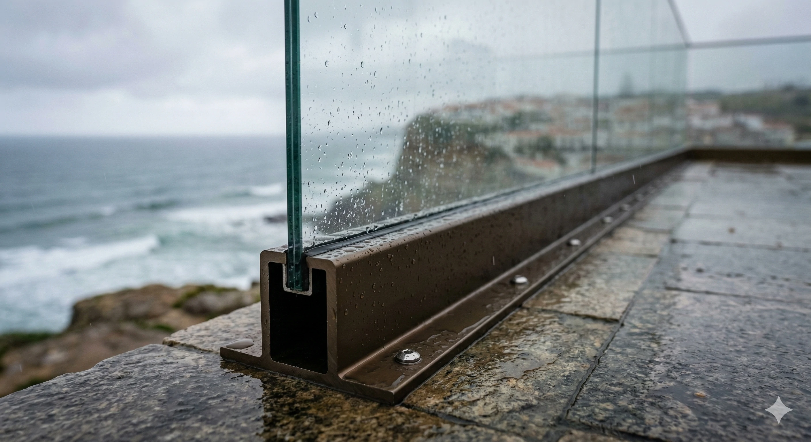 Durable frameless glass railing base installed outdoors resisting rain
