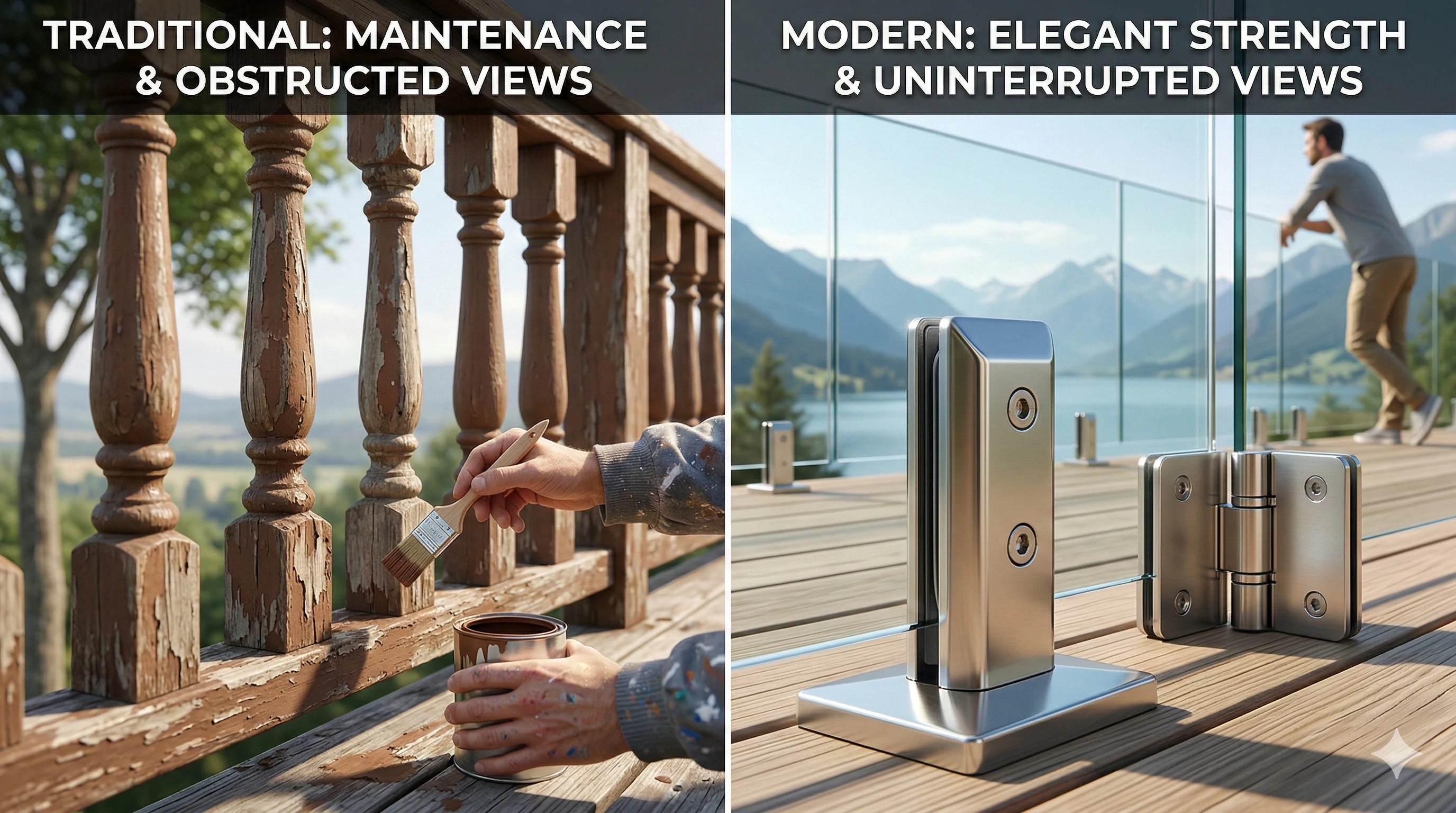 Traditional wood railing maintenance versus modern Aleader glass railing spigot.