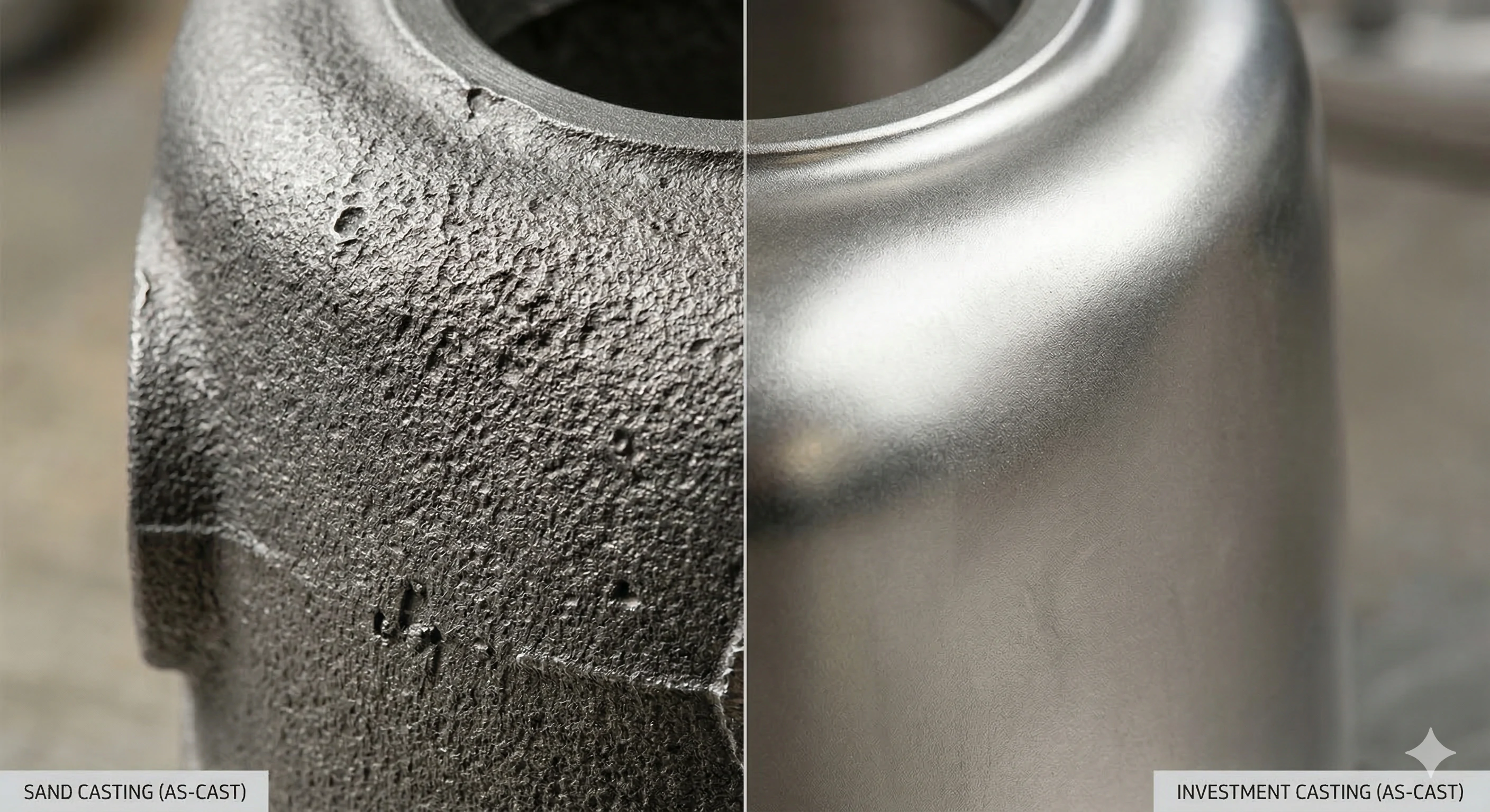 Visual comparison of rough sand casting versus smooth investment casting finishes.