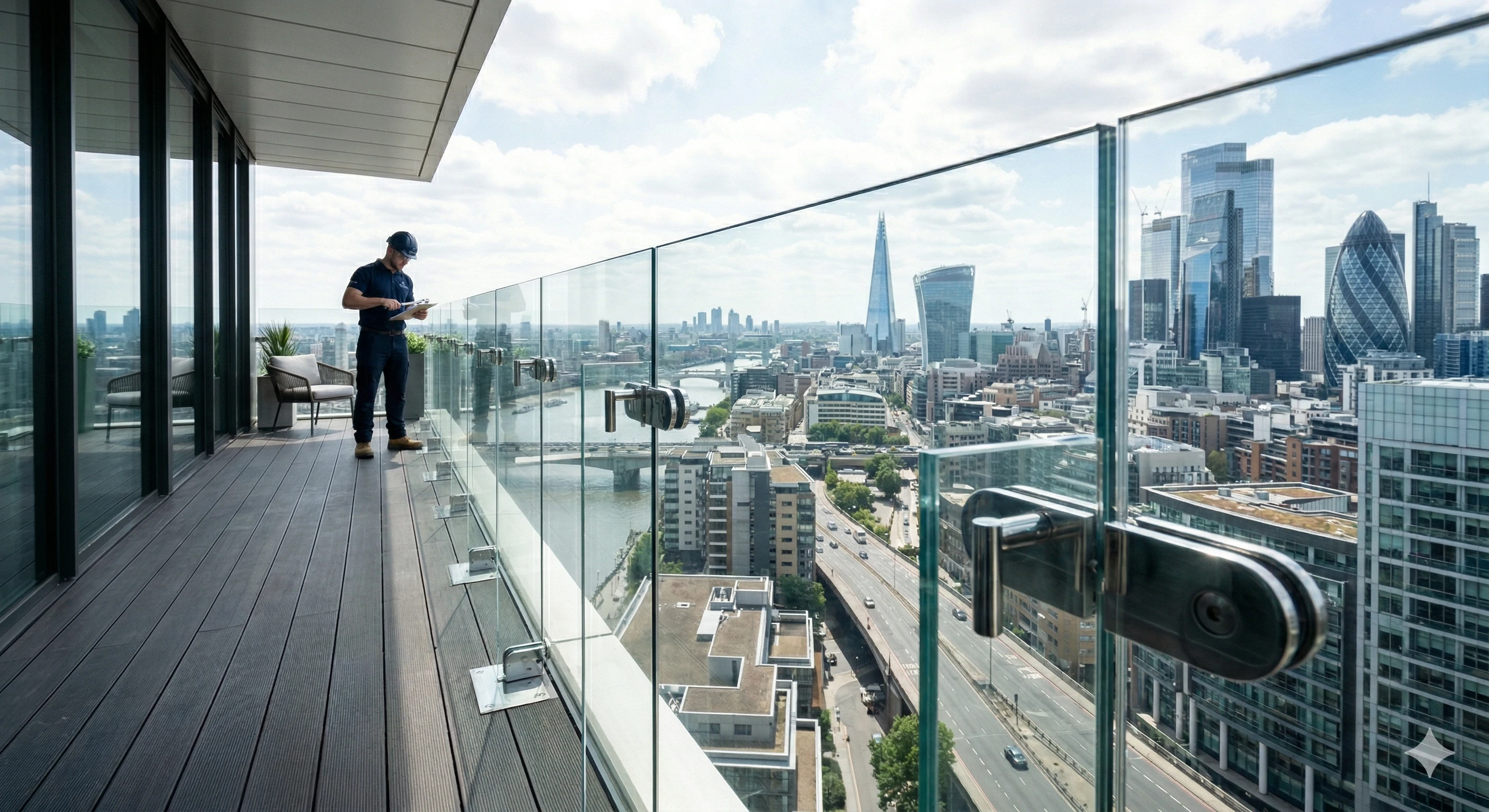 Frameless glass railing installation on a city balcony for durable outdoor safety