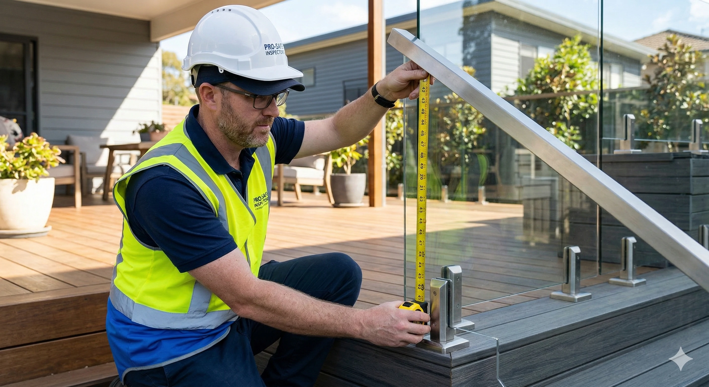 Inspector measuring frameless glass railing installation for safety and compliance