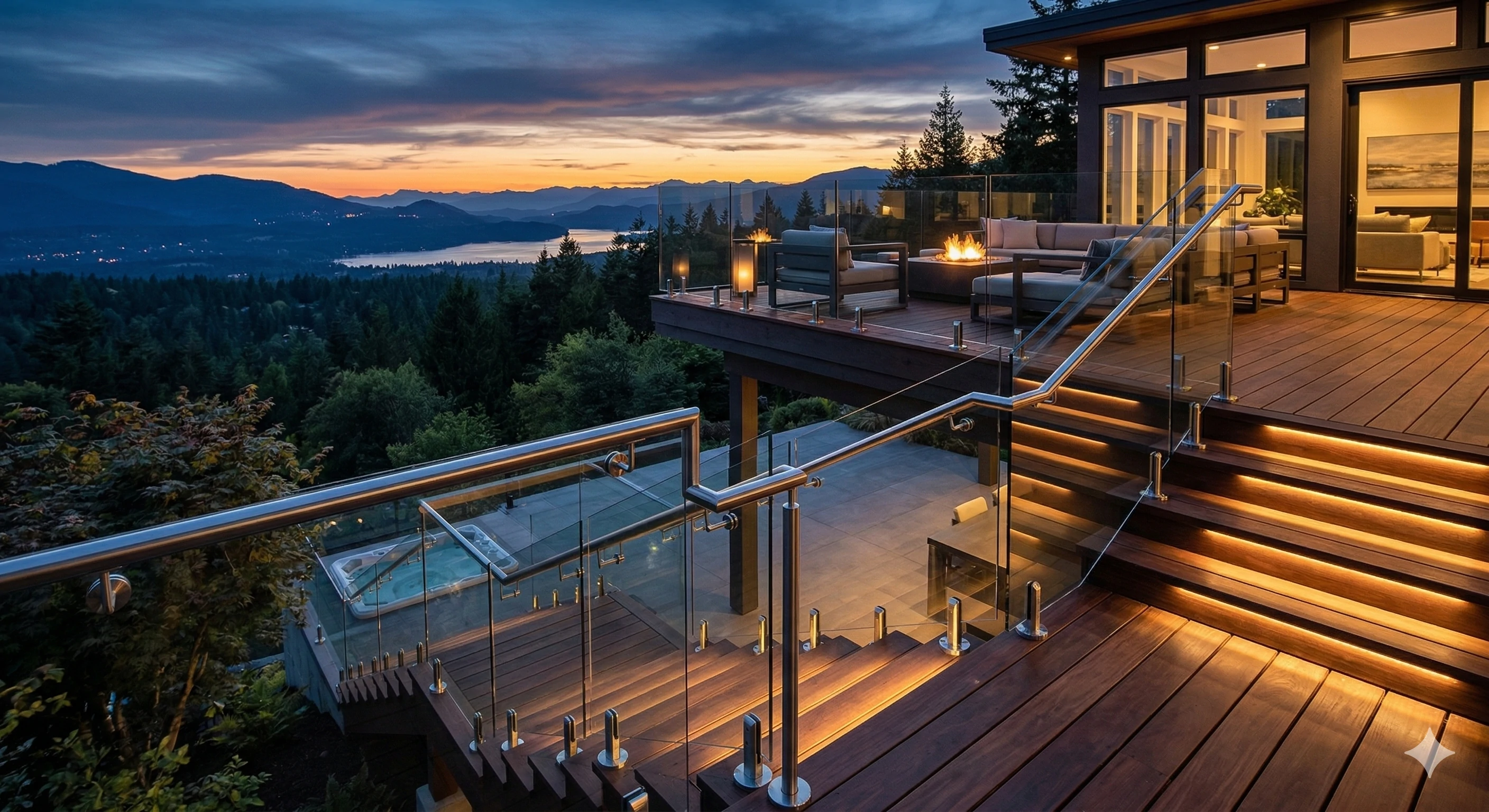 Luxury outdoor deck featuring frameless glass railing spigot hardware