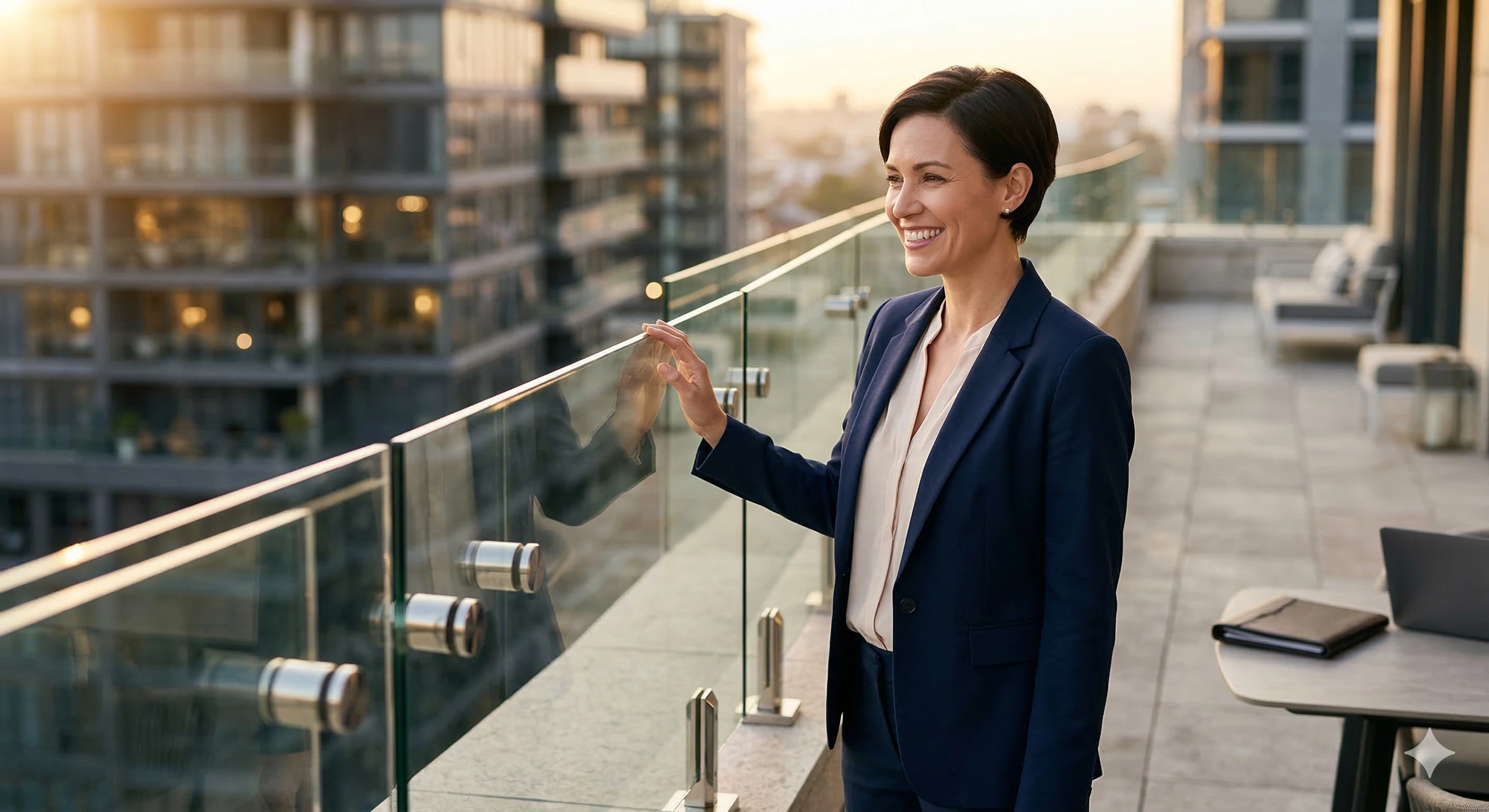 Satisfied manager admiring installed durable Aleader glass balcony railing hardware.