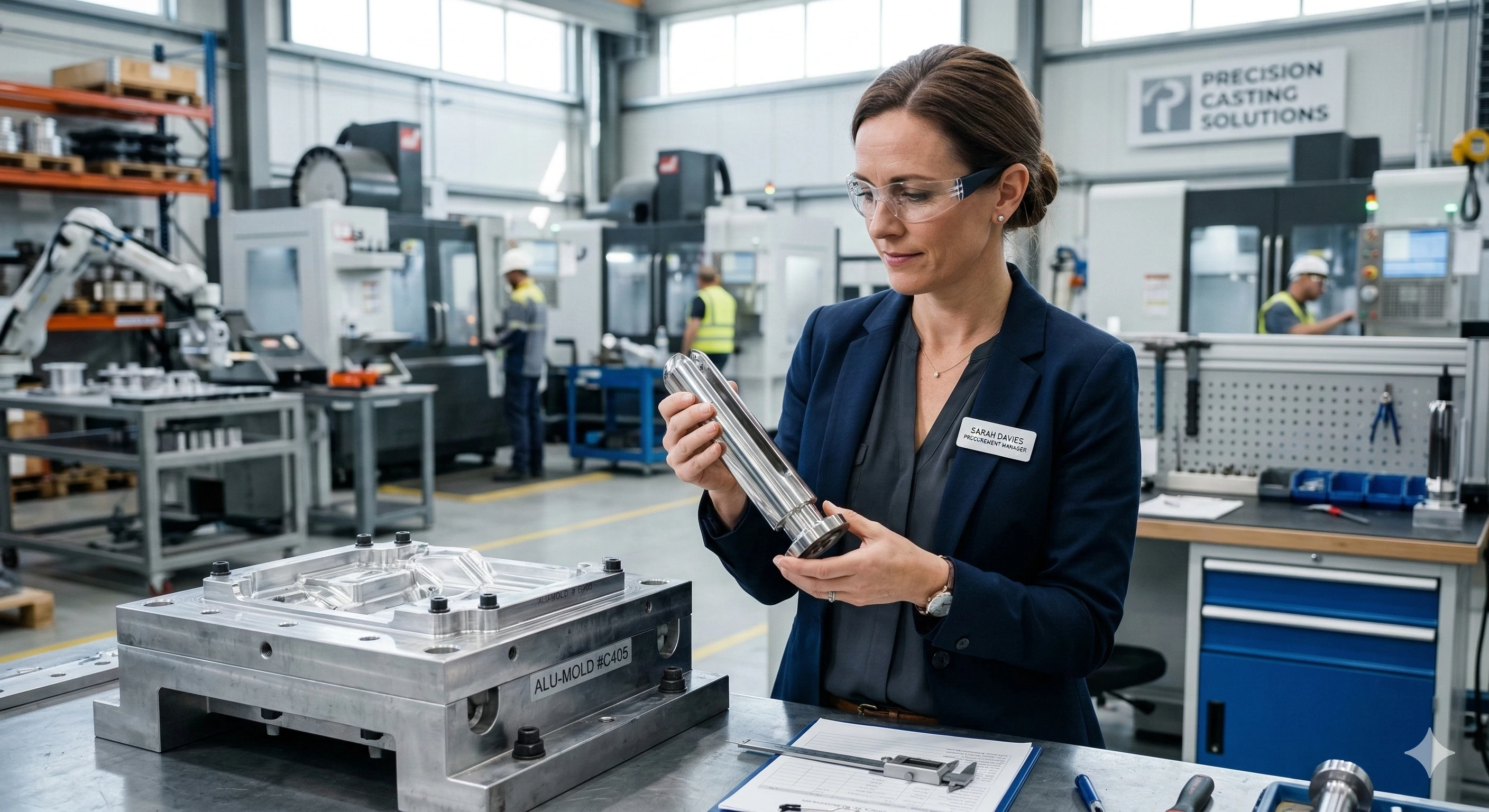 Professional engineer inspecting glass hardware mold for strict quality control