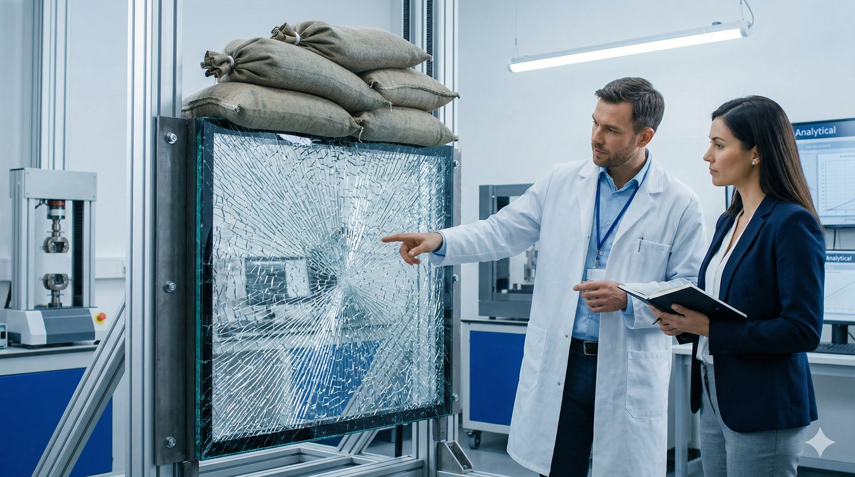 Contrôle qualité professionnel des vitrages feuilletés de sécurité pour vérifier les performances des accessoires en verre