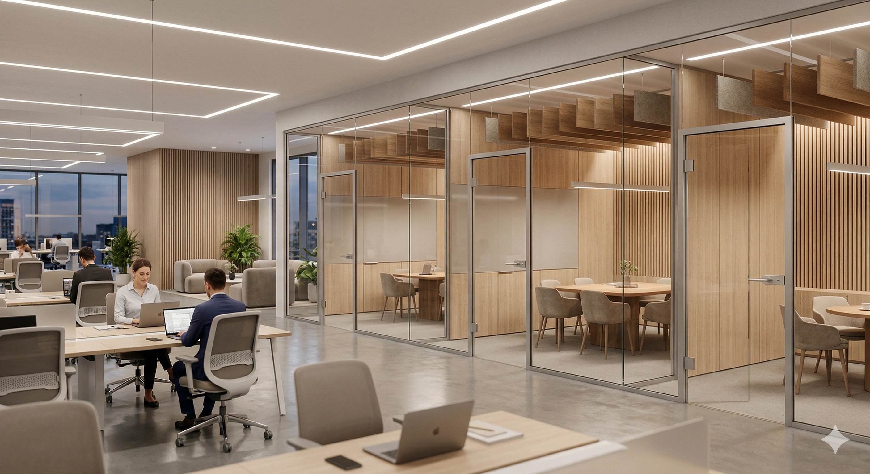 Modern office interior with glass partition walls and hinged doors