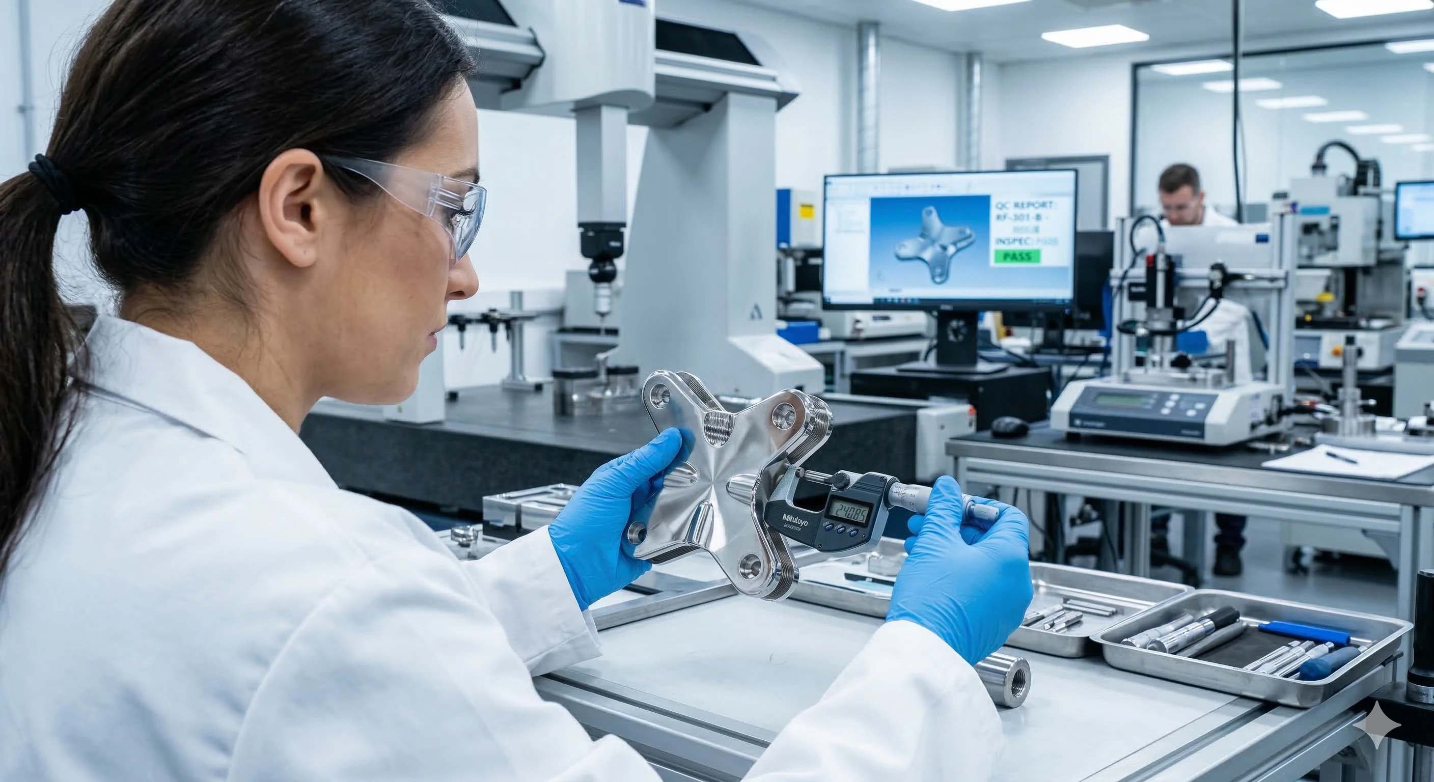 Technician inspecting glass railing fitting with caliper for strict quality control